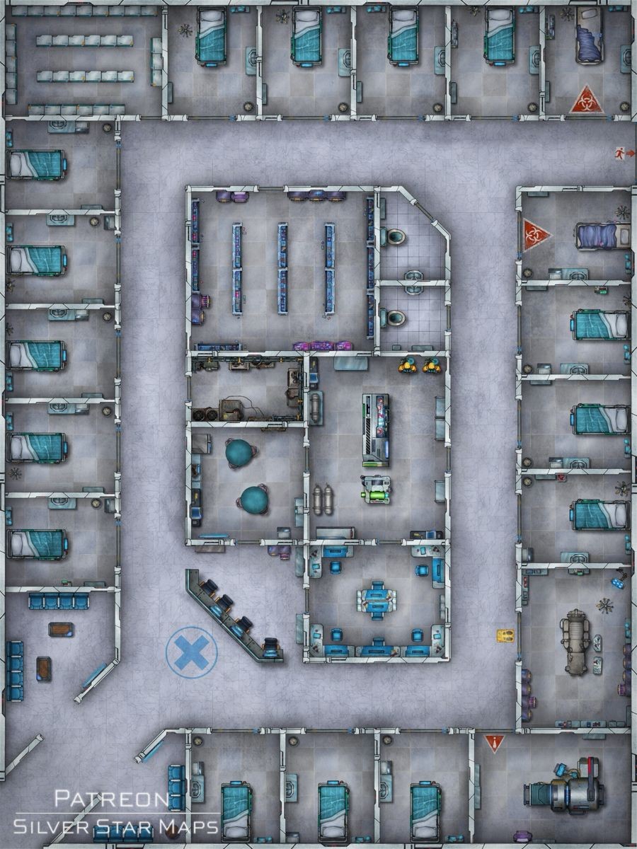 sci-fi medical bay map, carte de JDR science-fiction (900×1200 pixels) — battlemap pour Roll20 et Foundry VTT.