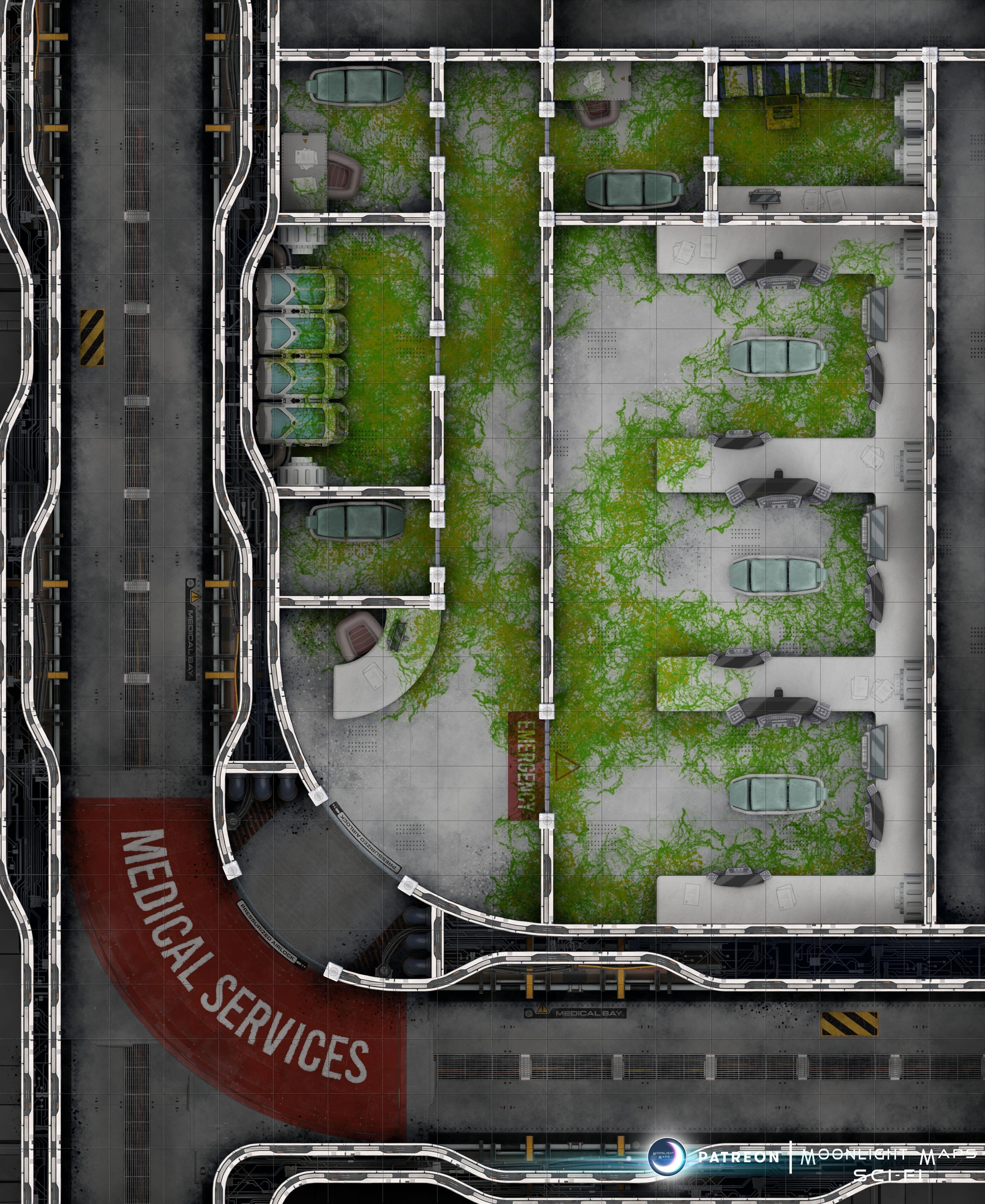sci-fi medical bay map, carte de JDR science-fiction (3272×4000 pixels) — battlemap pour Roll20 et Foundry VTT.