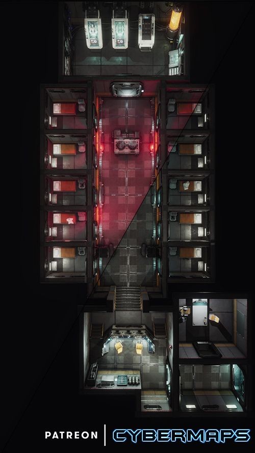 sci-fi prison map, carte de JDR science-fiction (500×889 pixels) — battlemap pour Roll20 et Foundry VTT.
