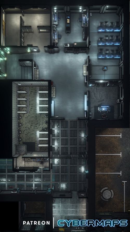 sci-fi prison map, carte de JDR science-fiction (500×889 pixels) — battlemap pour Roll20 et Foundry VTT.