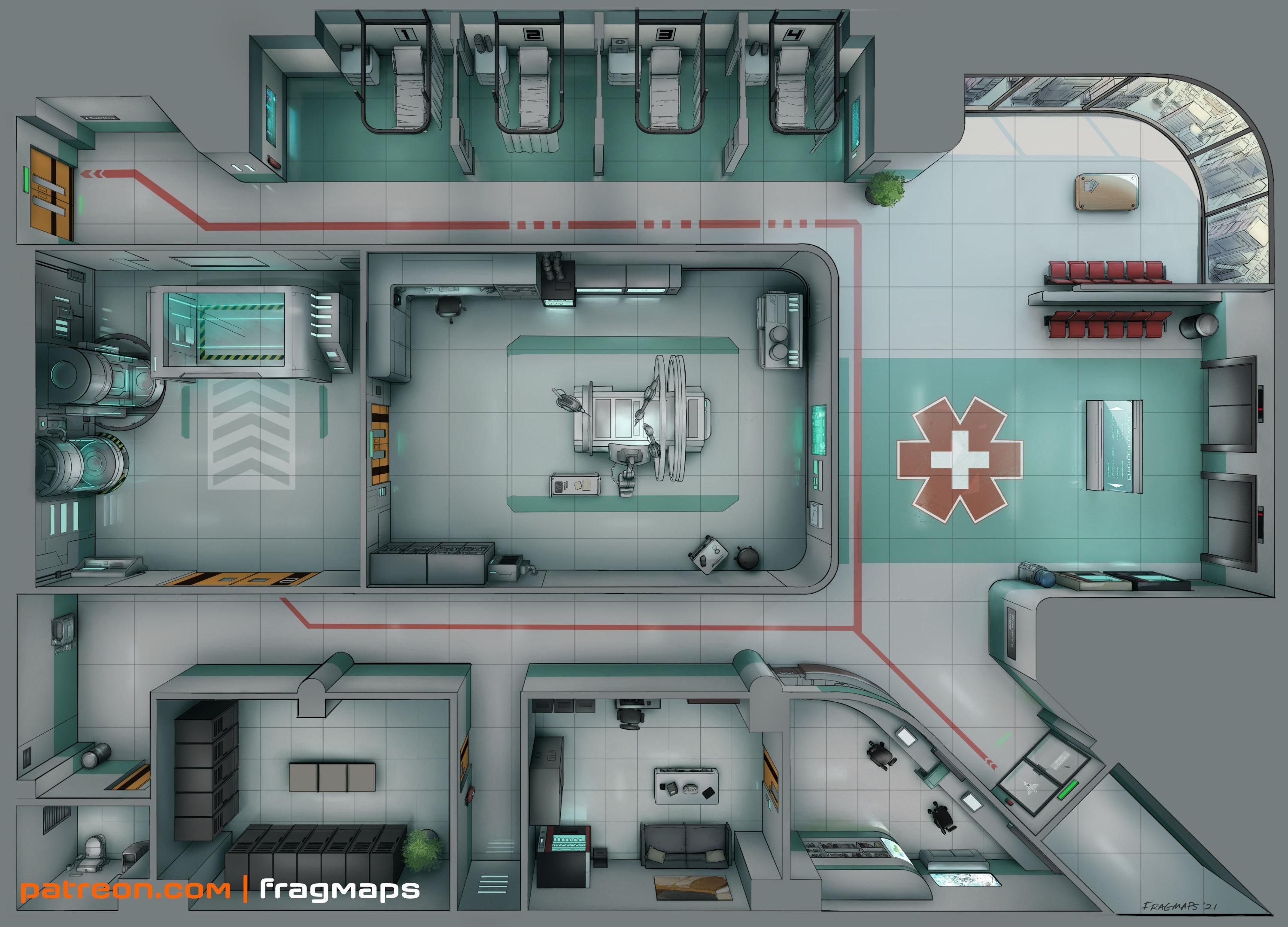 sci-fi prison map, carte de JDR science-fiction (3000×2158 pixels) — battlemap pour Roll20 et Foundry VTT.
