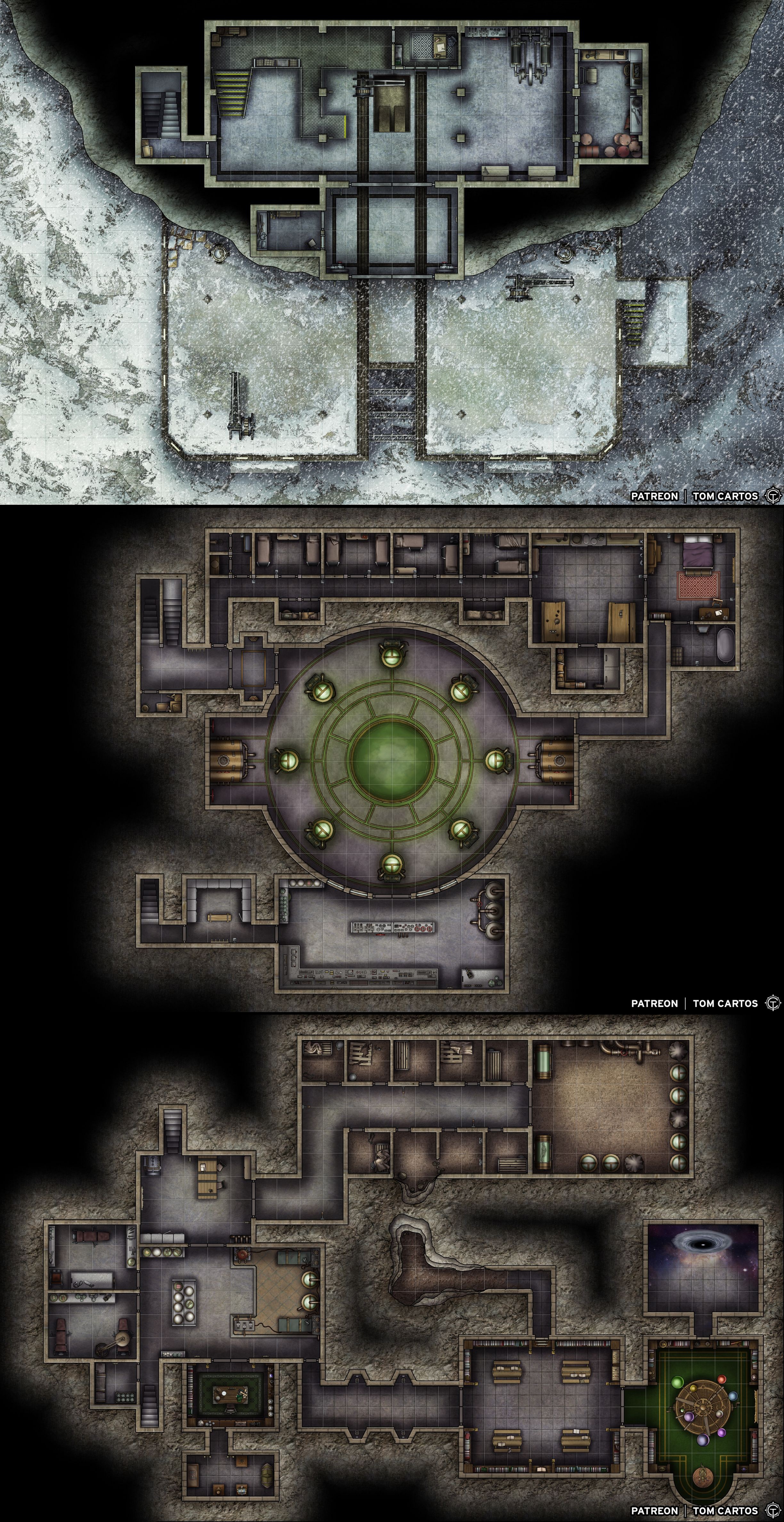 sci-fi research lab map, carte de JDR science-fiction (2448×4752 pixels) — battlemap pour Roll20 et Foundry VTT.