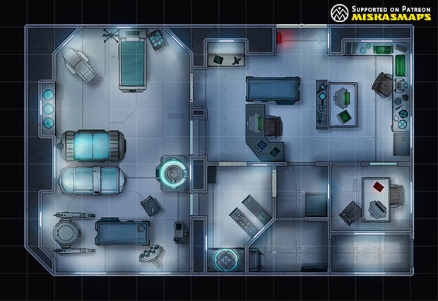 sci-fi research lab map, carte de JDR science-fiction (620×426 pixels) — battlemap pour Roll20 et Foundry VTT.