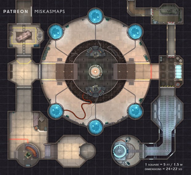 sci-fi research lab map, carte de JDR science-fiction (620×568 pixels) — battlemap pour Roll20 et Foundry VTT.