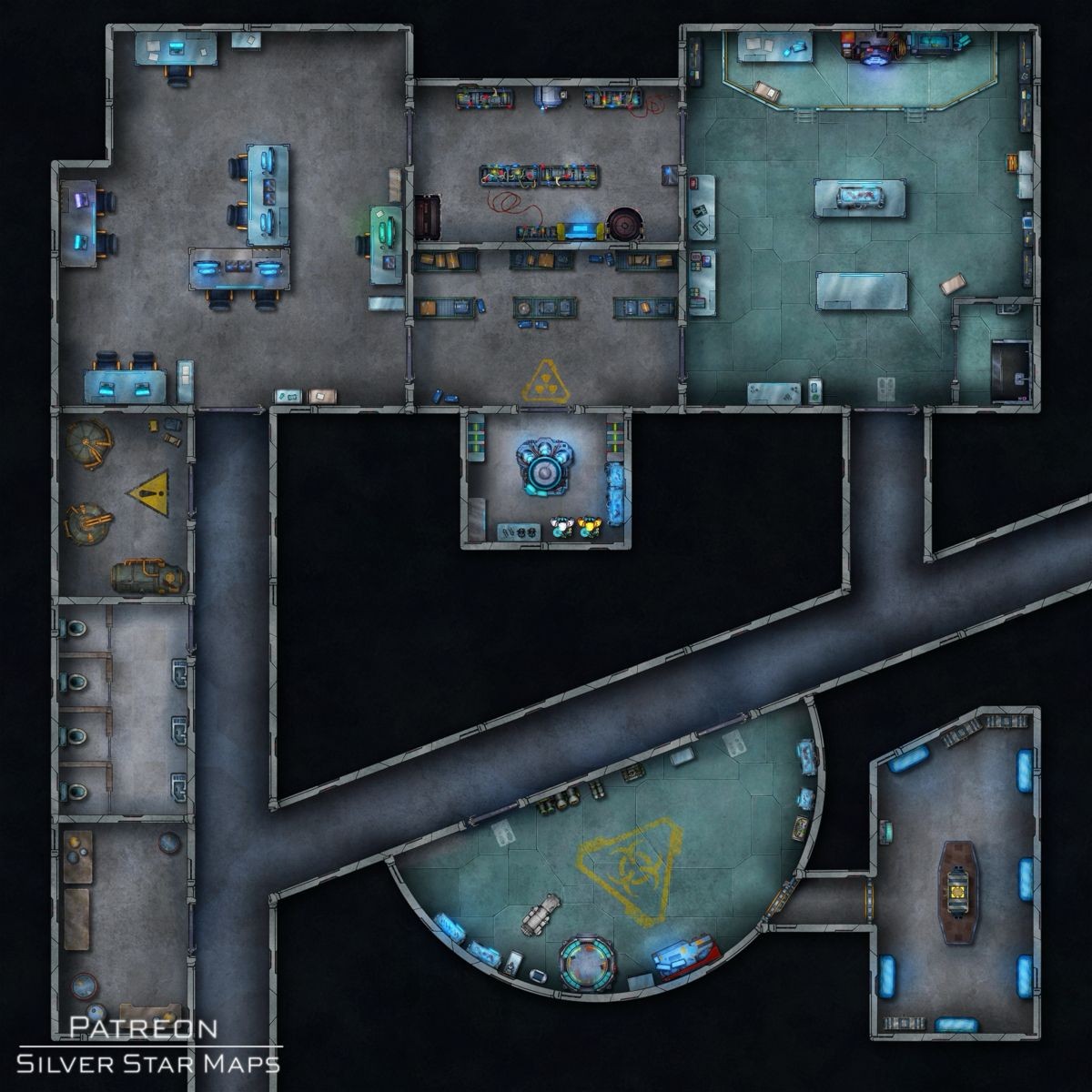 sci-fi research lab map, carte de JDR science-fiction (1200×1200 pixels) — battlemap pour Roll20 et Foundry VTT.