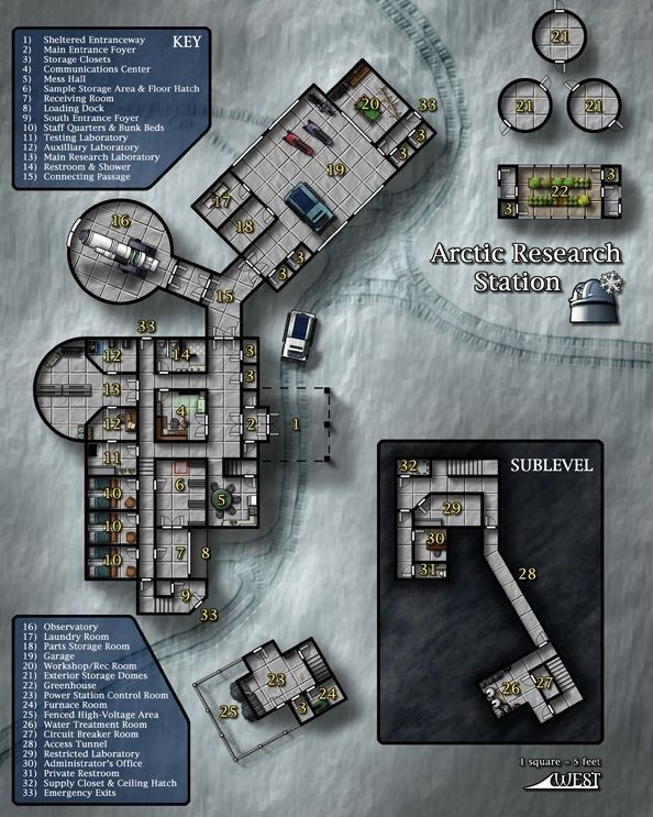sci-fi research lab map, carte de JDR science-fiction (594×743 pixels) — battlemap pour Roll20 et Foundry VTT.