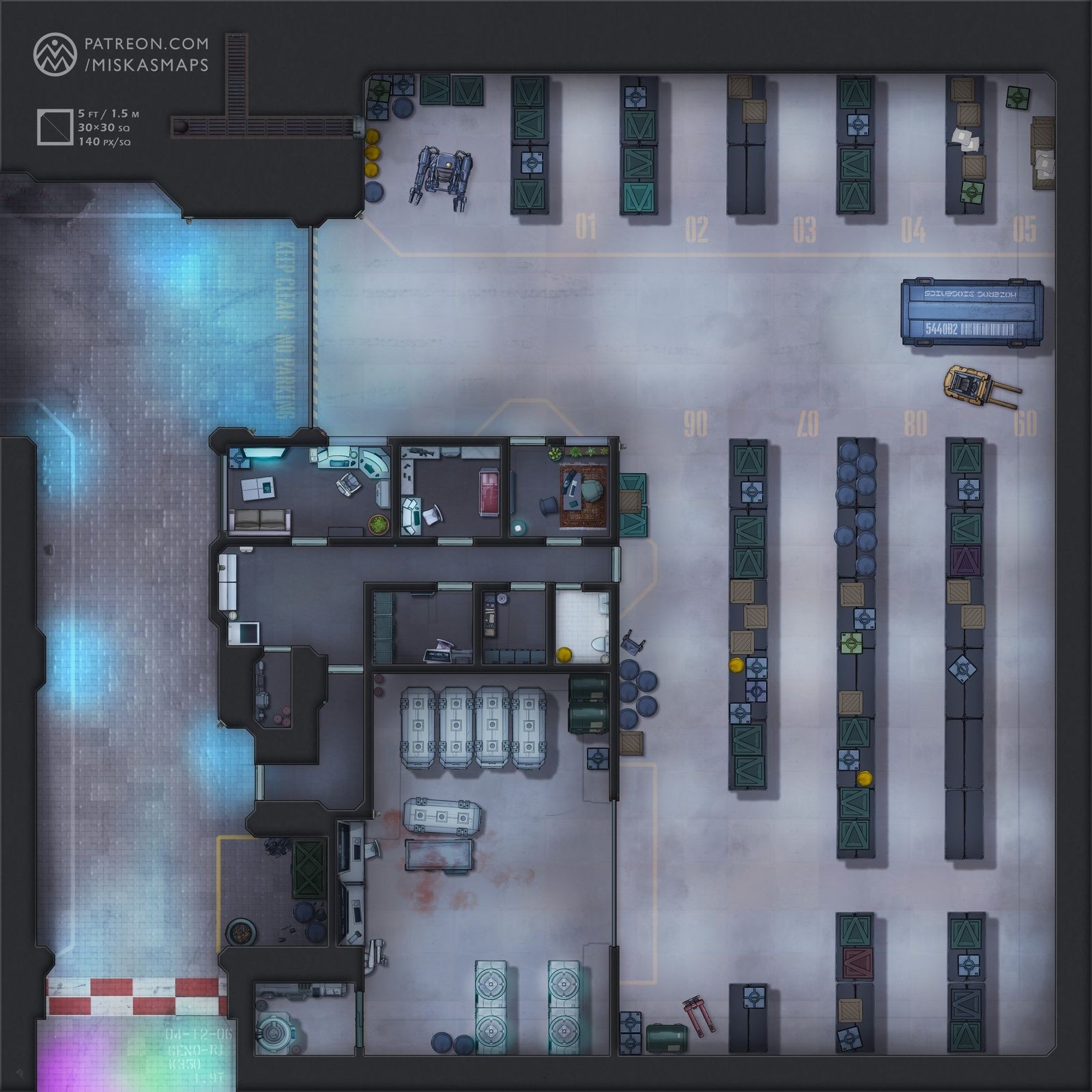 sci-fi warehouse map, carte de JDR science-fiction (1600×1600 pixels) — battlemap pour Roll20 et Foundry VTT.