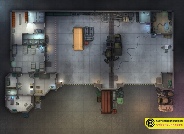 sci-fi warehouse map, carte de JDR science-fiction (620×451 pixels) — battlemap pour Roll20 et Foundry VTT.