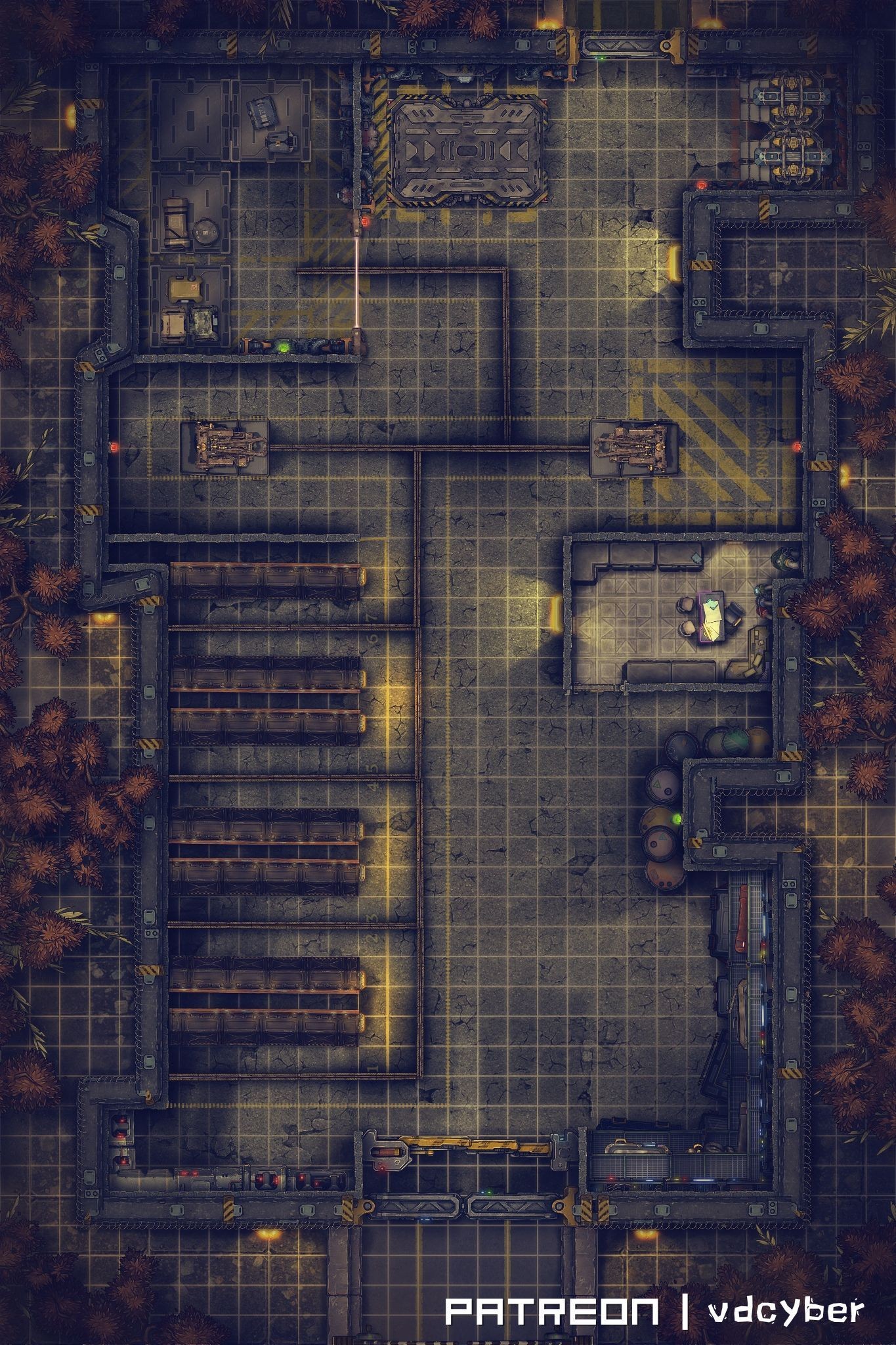 sci-fi warehouse map, carte de JDR science-fiction (1365×2048 pixels) — battlemap pour Roll20 et Foundry VTT.