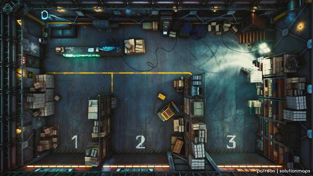 sci-fi warehouse map, carte de JDR science-fiction (1000×562 pixels) — battlemap pour Roll20 et Foundry VTT.