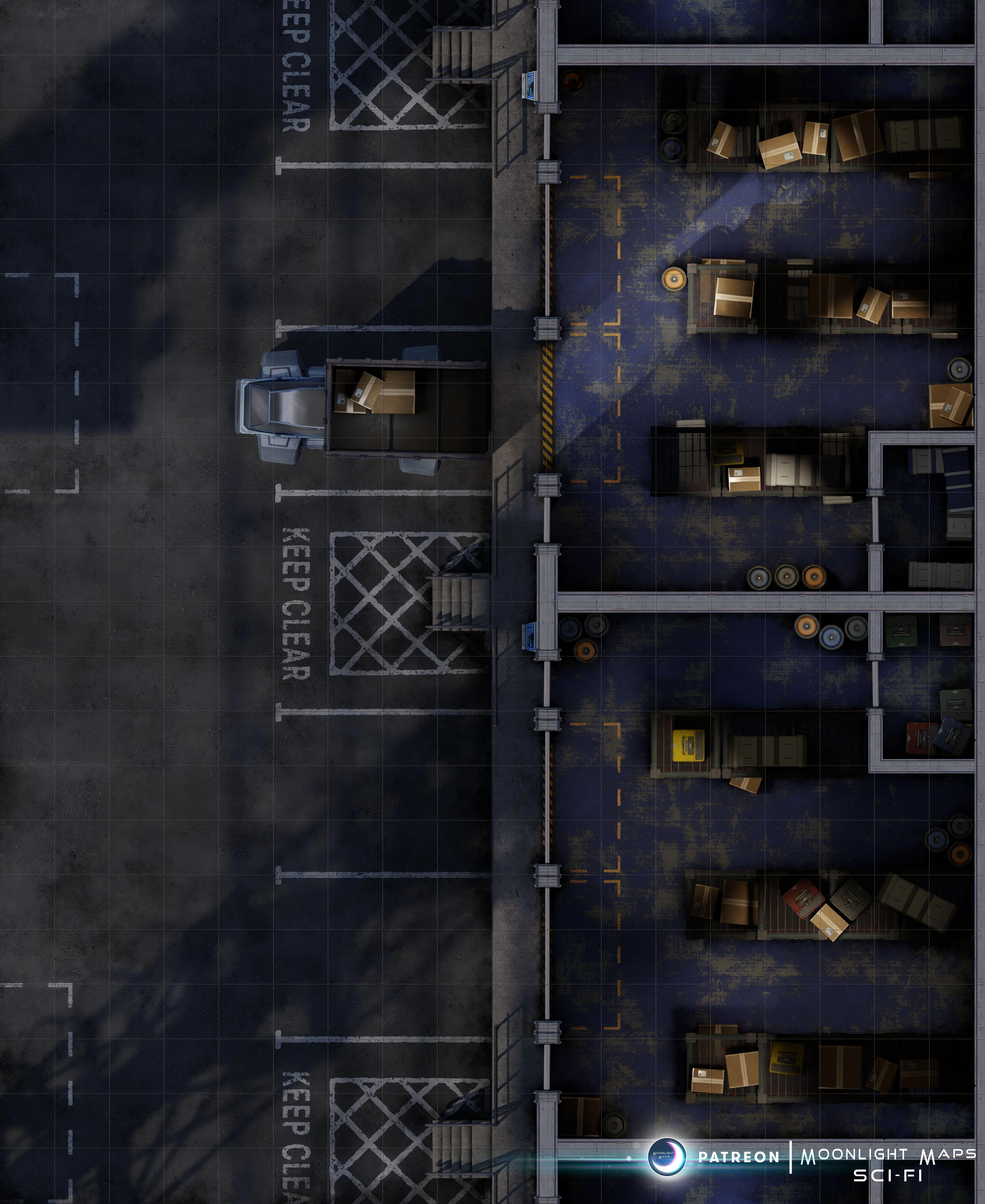 sci-fi warehouse map, carte de JDR science-fiction (5400×6600 pixels) — battlemap pour Roll20 et Foundry VTT.
