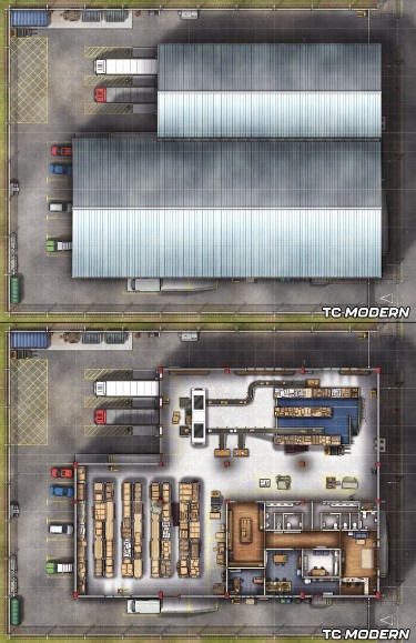 sci-fi warehouse map, carte de JDR science-fiction (375×579 pixels) — battlemap pour Roll20 et Foundry VTT.