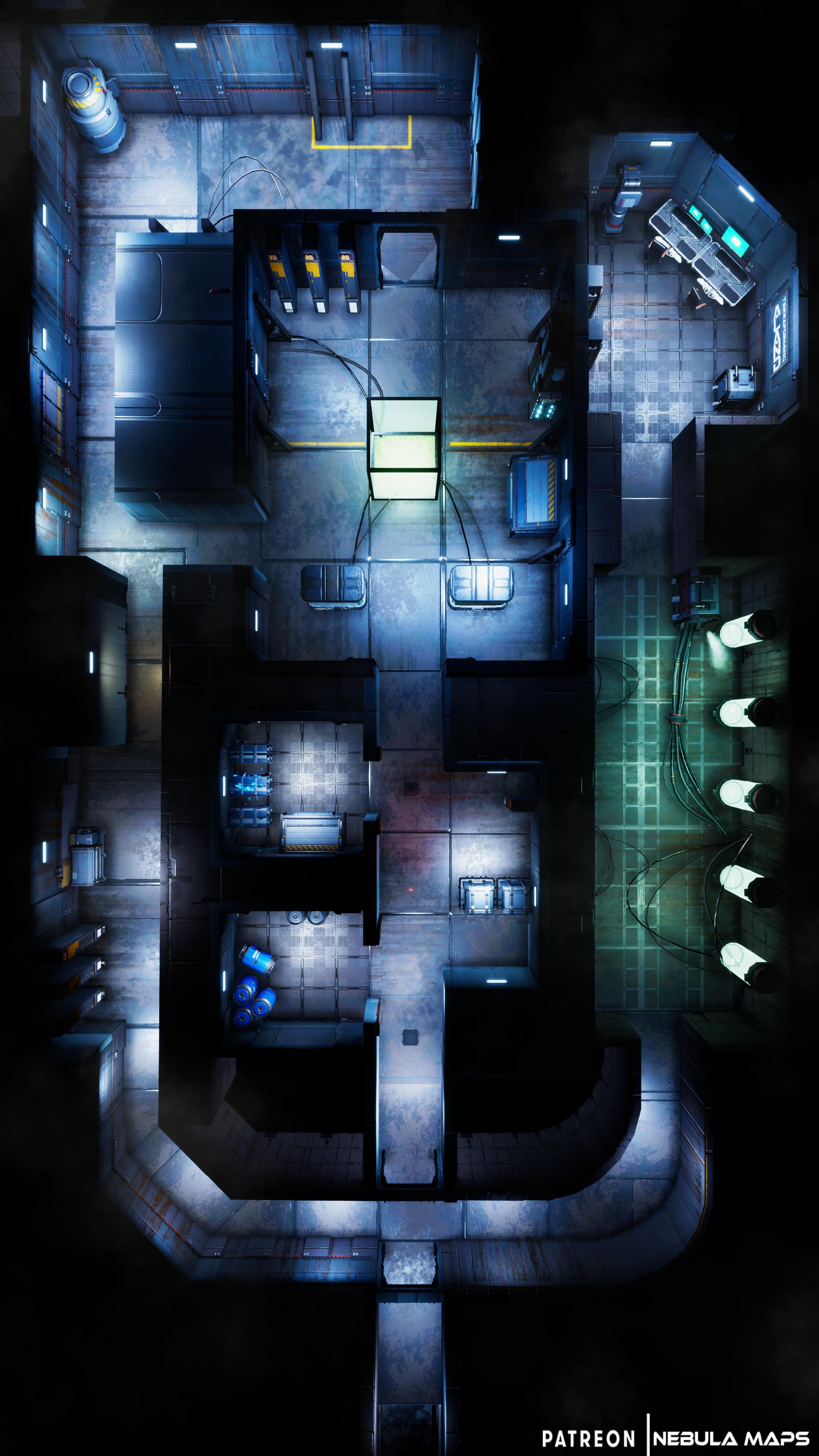 sci-fi warehouse map, carte de JDR science-fiction (4320×7680 pixels) — battlemap pour Roll20 et Foundry VTT.
