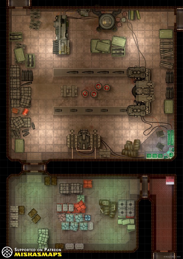 sci-fi warehouse map, carte de JDR science-fiction (620×878 pixels) — battlemap pour Roll20 et Foundry VTT.