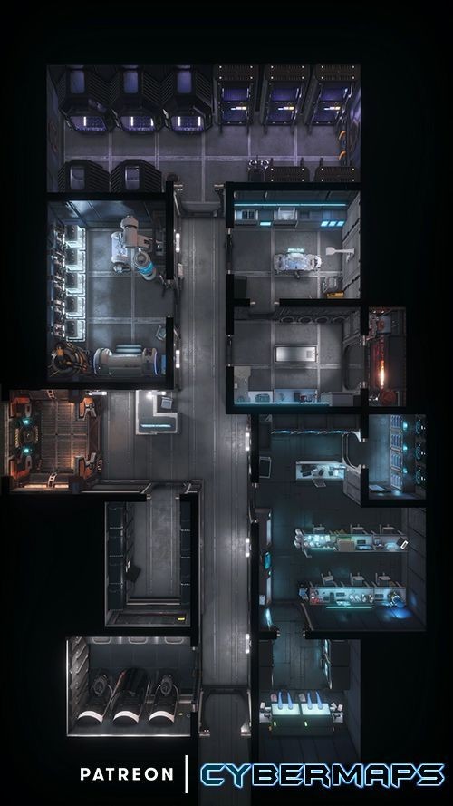 sci-fi warehouse map, carte de JDR science-fiction (500×889 pixels) — battlemap pour Roll20 et Foundry VTT.