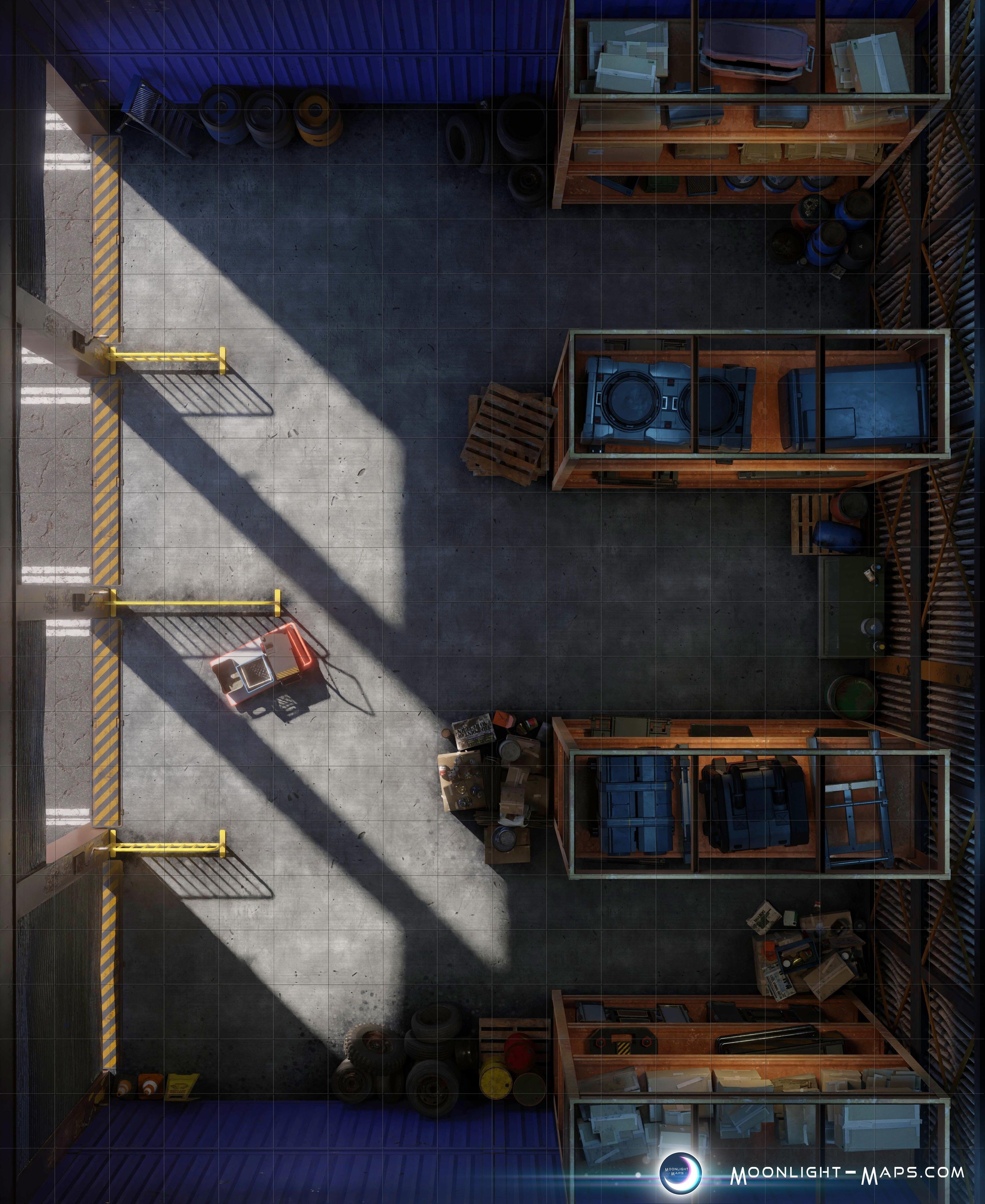 sci-fi warehouse map, carte de JDR science-fiction (3272×4000 pixels) — battlemap pour Roll20 et Foundry VTT.