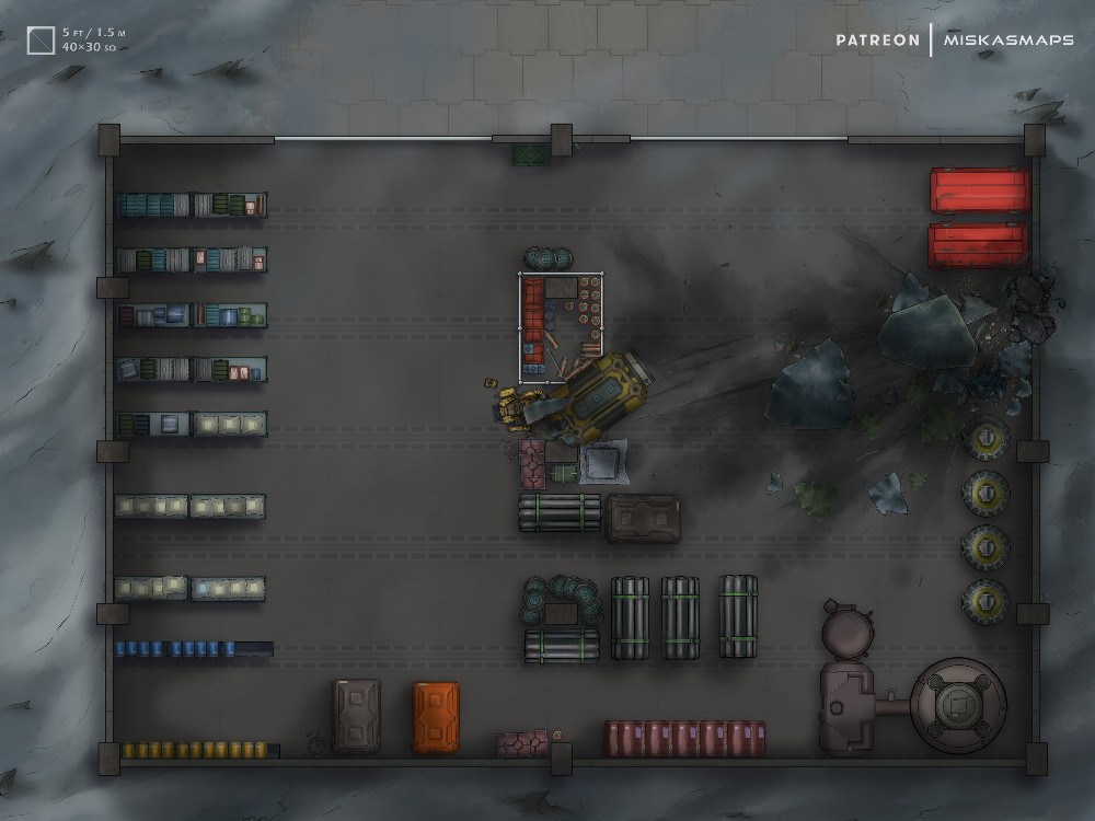sci-fi warehouse map, carte de JDR science-fiction (1000×750 pixels) — battlemap pour Roll20 et Foundry VTT.
