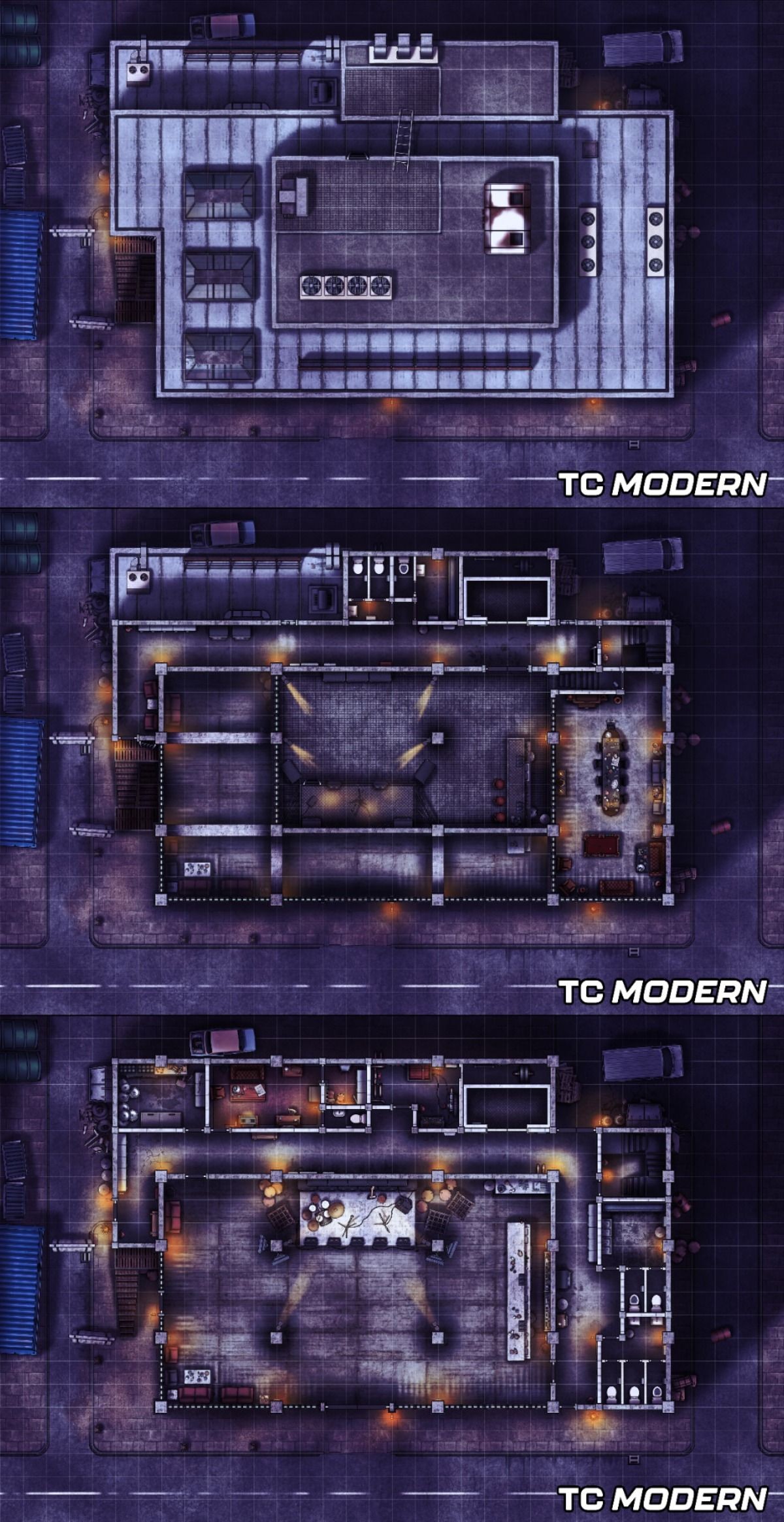 sci-fi warehouse map, carte de JDR science-fiction (1200×2329 pixels) — battlemap pour Roll20 et Foundry VTT.