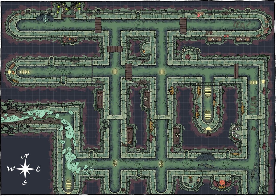 sewer map dnd, carte de JDR fantasy (1080×768 pixels) — battlemap pour Roll20 et Foundry VTT.