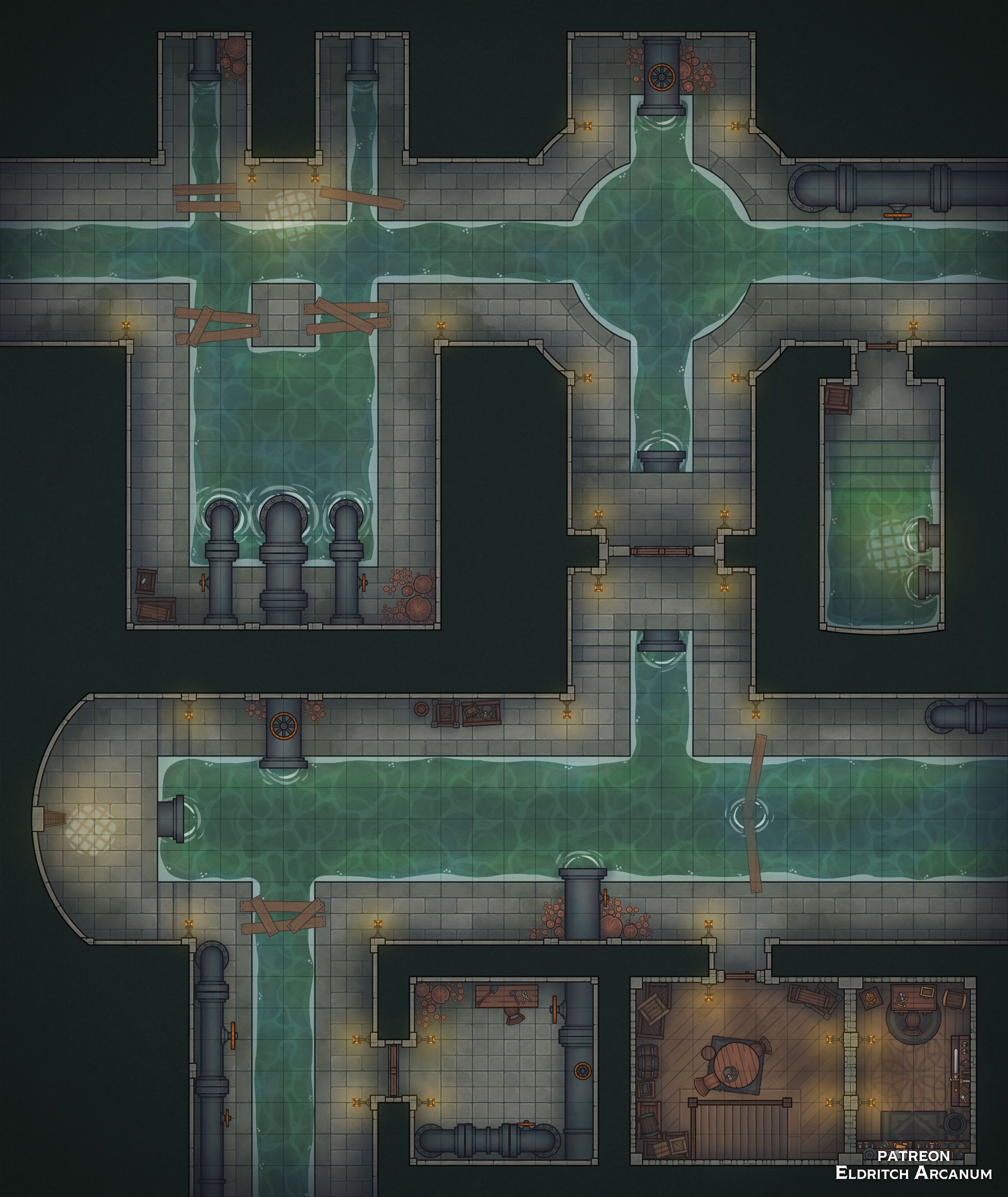 sewer map dnd, carte de JDR fantasy (2304×2736 pixels) — battlemap pour Roll20 et Foundry VTT.