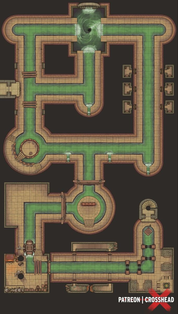 sewer map dnd, carte de JDR fantasy (682×1200 pixels) — battlemap pour Roll20 et Foundry VTT.