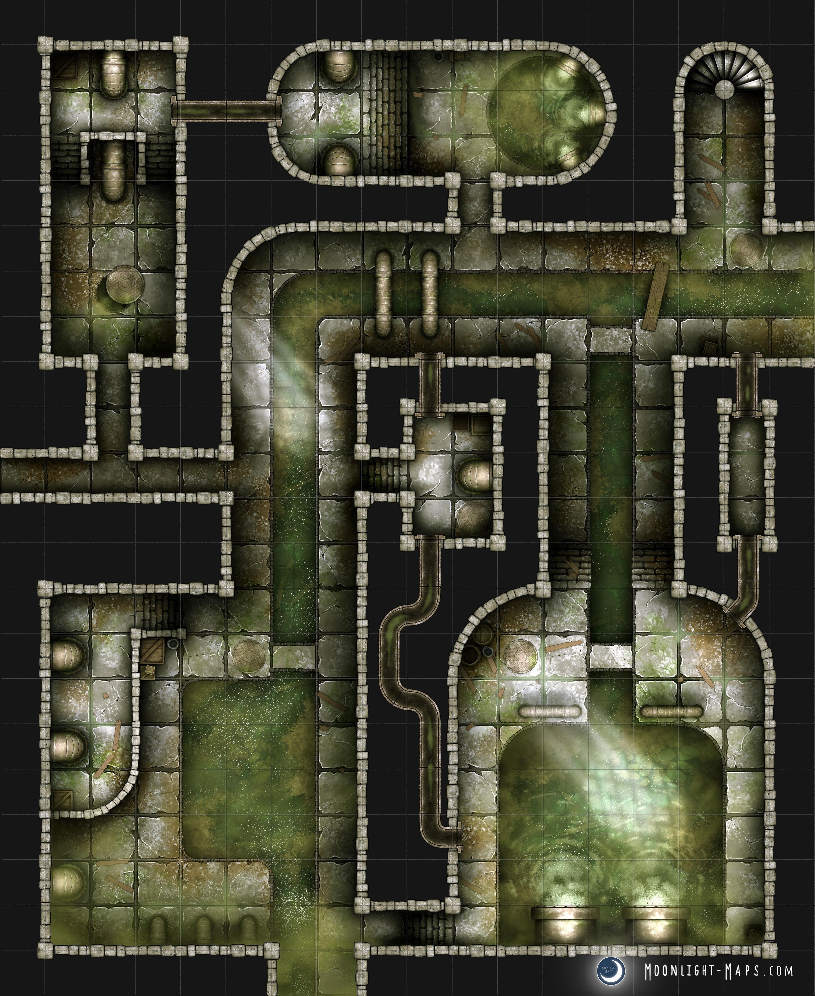 sewer map dnd, carte de JDR fantasy (3272×4000 pixels) — battlemap pour Roll20 et Foundry VTT.