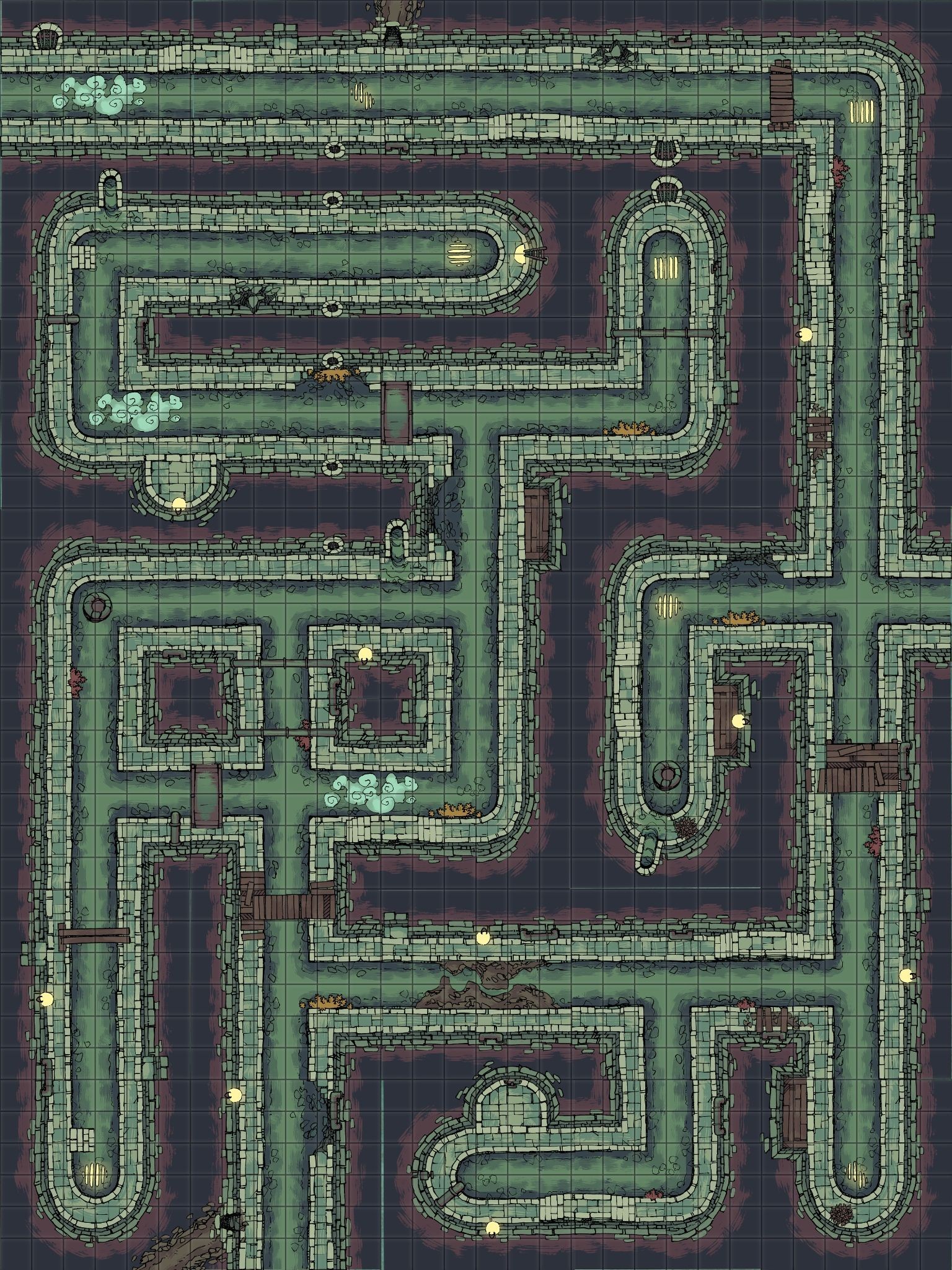 sewer map dnd, carte de JDR fantasy (1536×2048 pixels) — battlemap pour Roll20 et Foundry VTT.