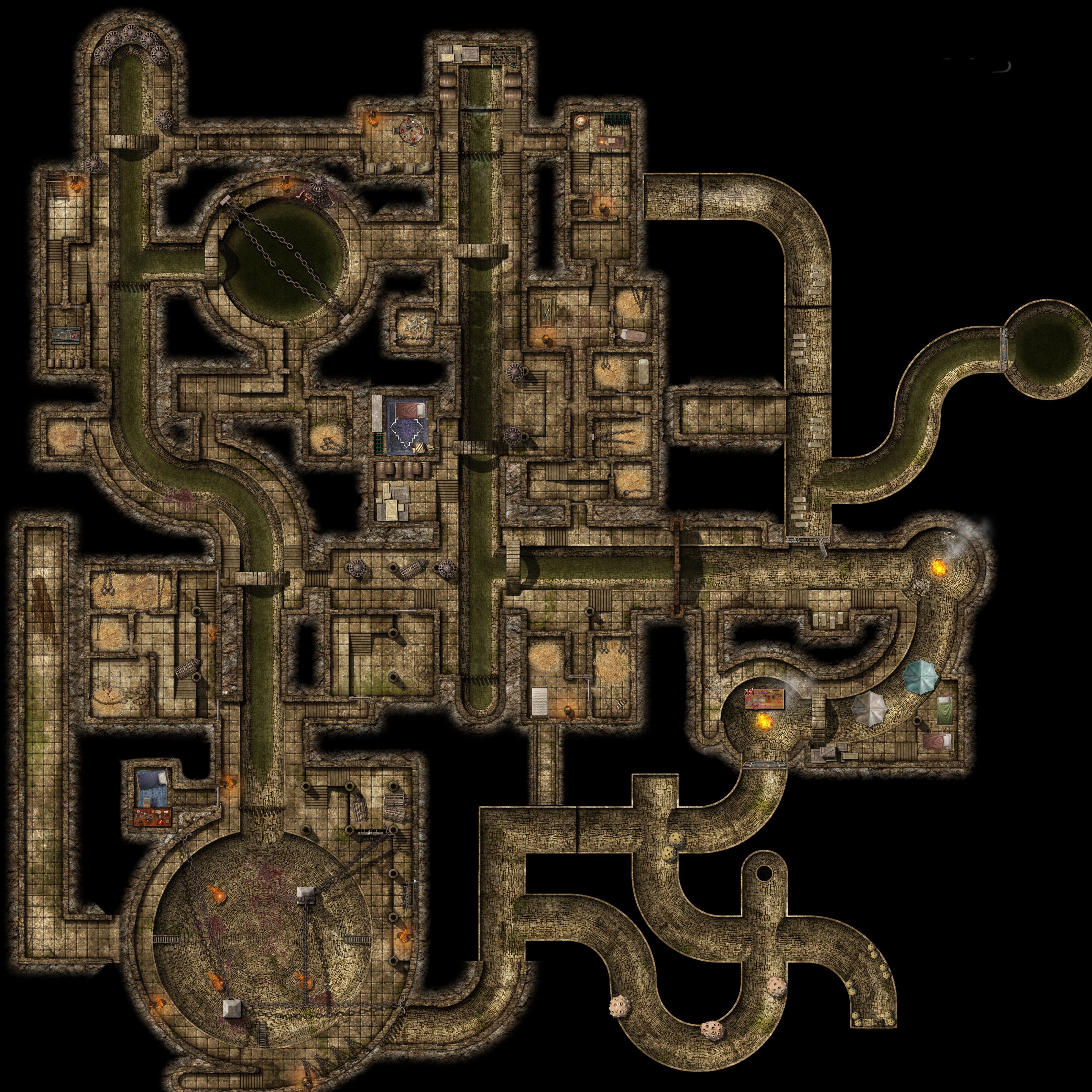 sewer map dnd, carte de JDR fantasy (3500×3500 pixels) — battlemap pour Roll20 et Foundry VTT.