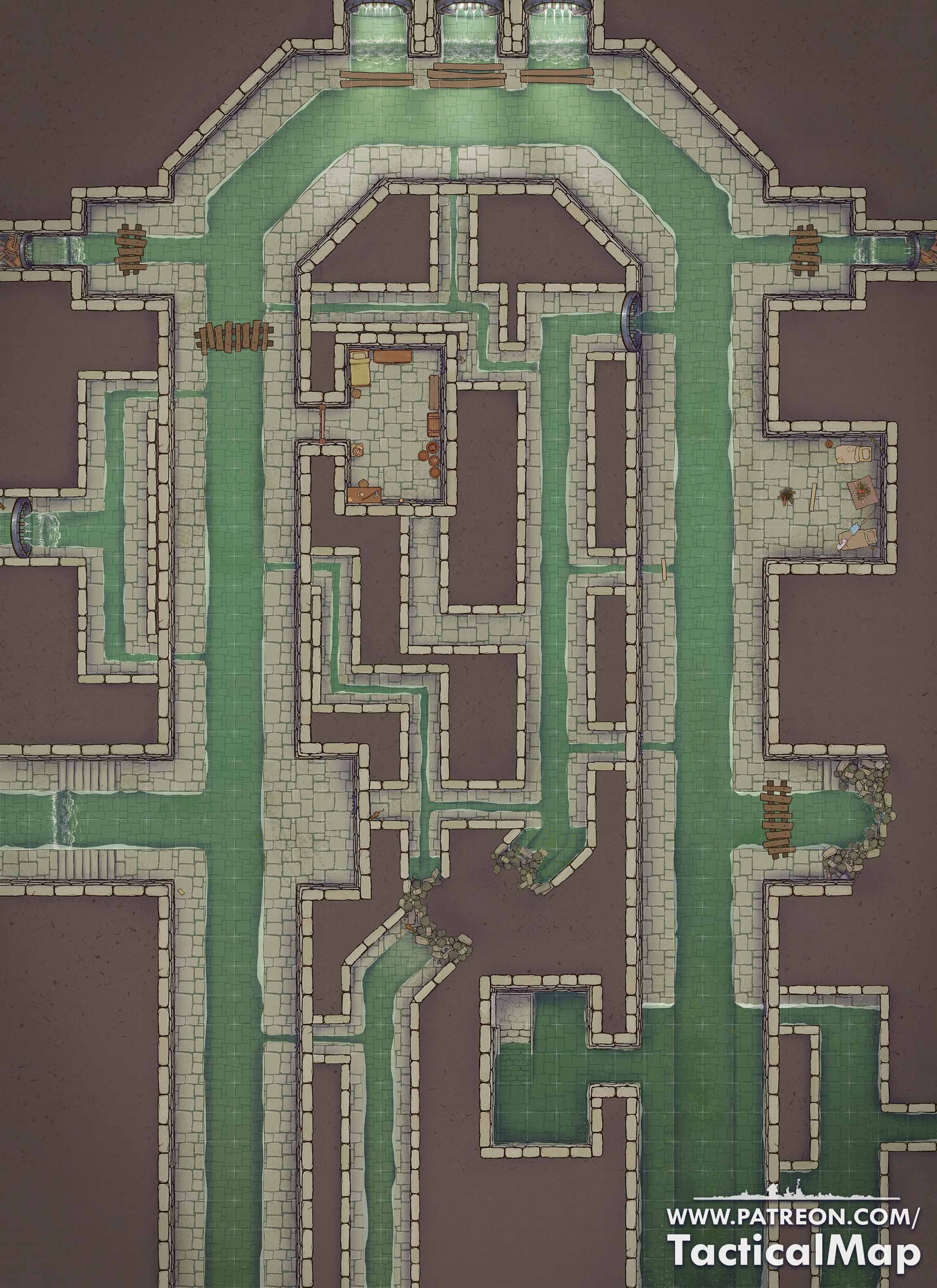 sewer map dnd, carte de JDR fantasy (2304×3168 pixels) — battlemap pour Roll20 et Foundry VTT.