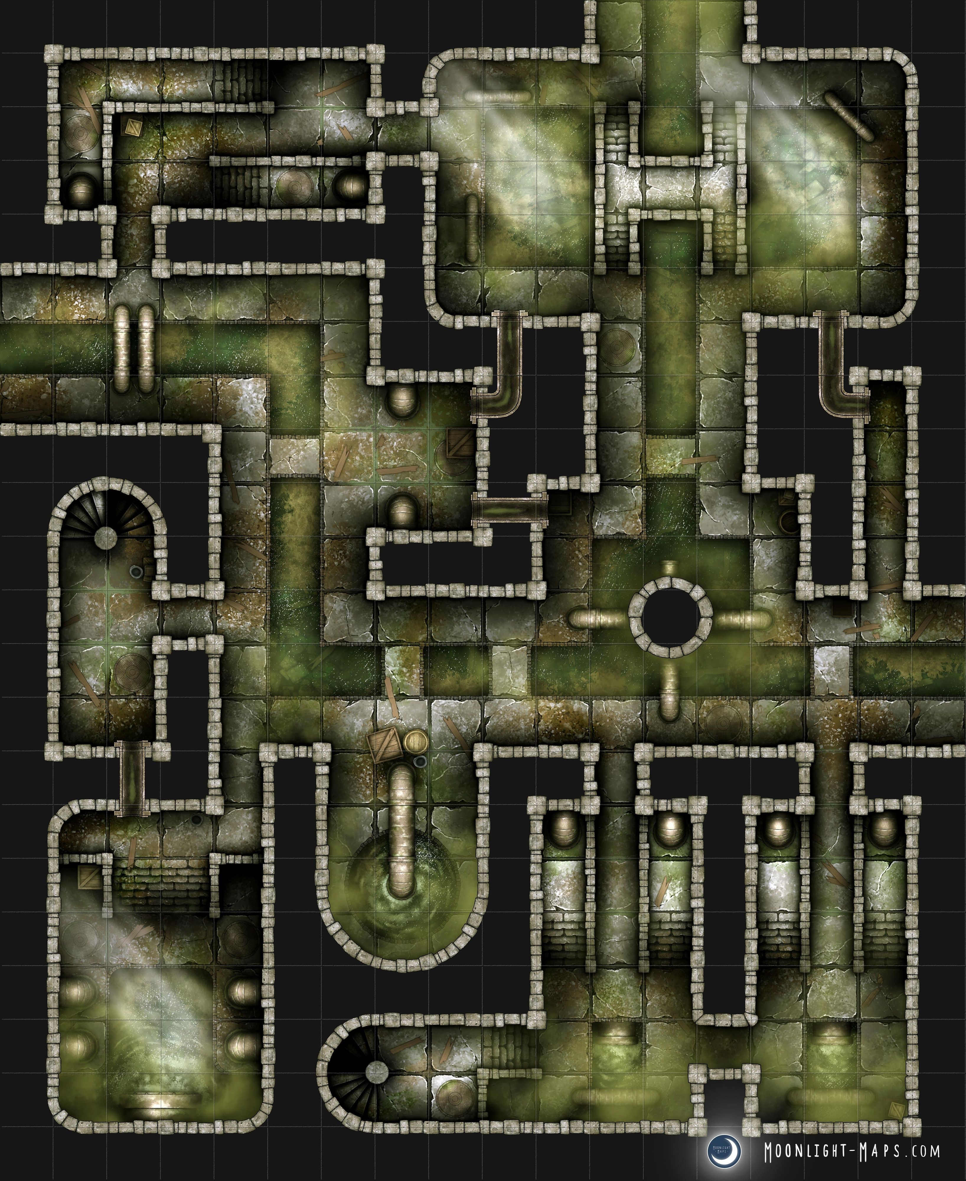 sewer map dnd, carte de JDR fantasy (3272×4000 pixels) — battlemap pour Roll20 et Foundry VTT.