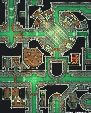 sewer map dnd, carte de JDR fantasy (375×468 pixels) — battlemap pour Roll20 et Foundry VTT.