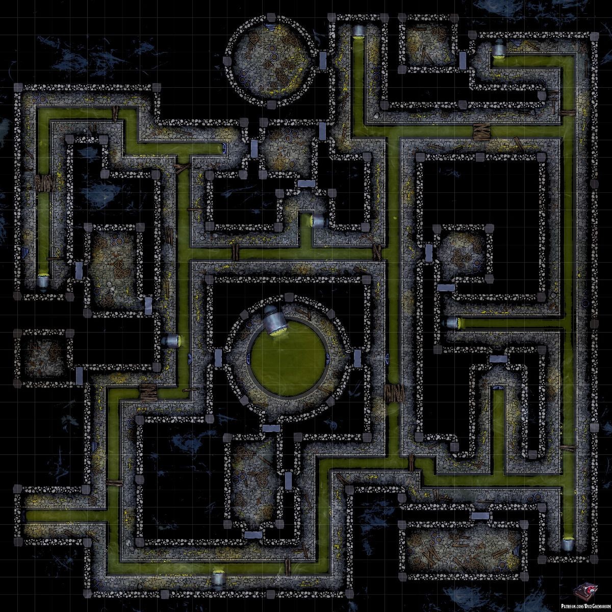 sewer map dnd, carte de JDR fantasy (1200×1200 pixels) — battlemap pour Roll20 et Foundry VTT.