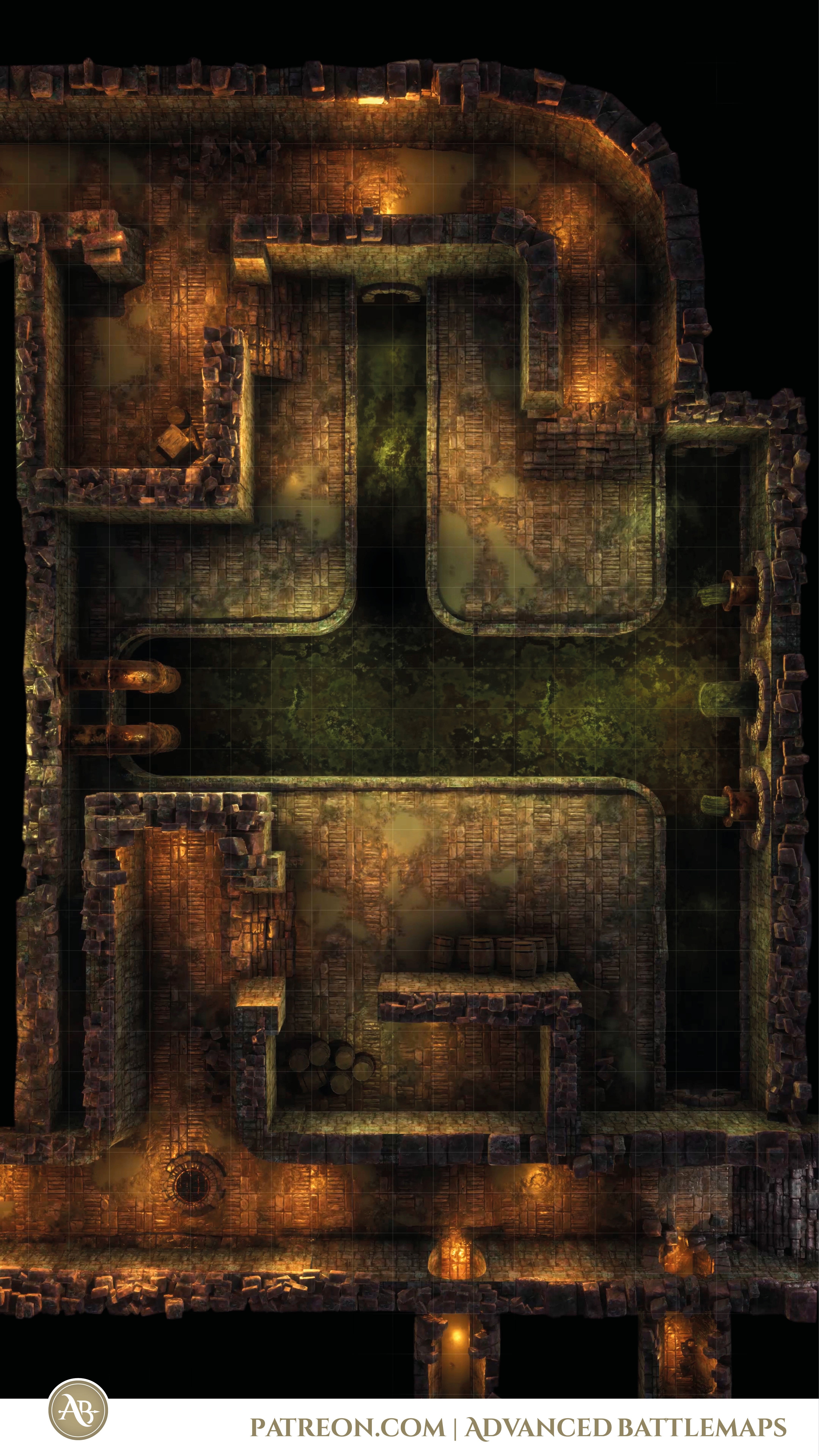 sewer map dnd, carte de JDR fantasy (3517×6250 pixels) — battlemap pour Roll20 et Foundry VTT.