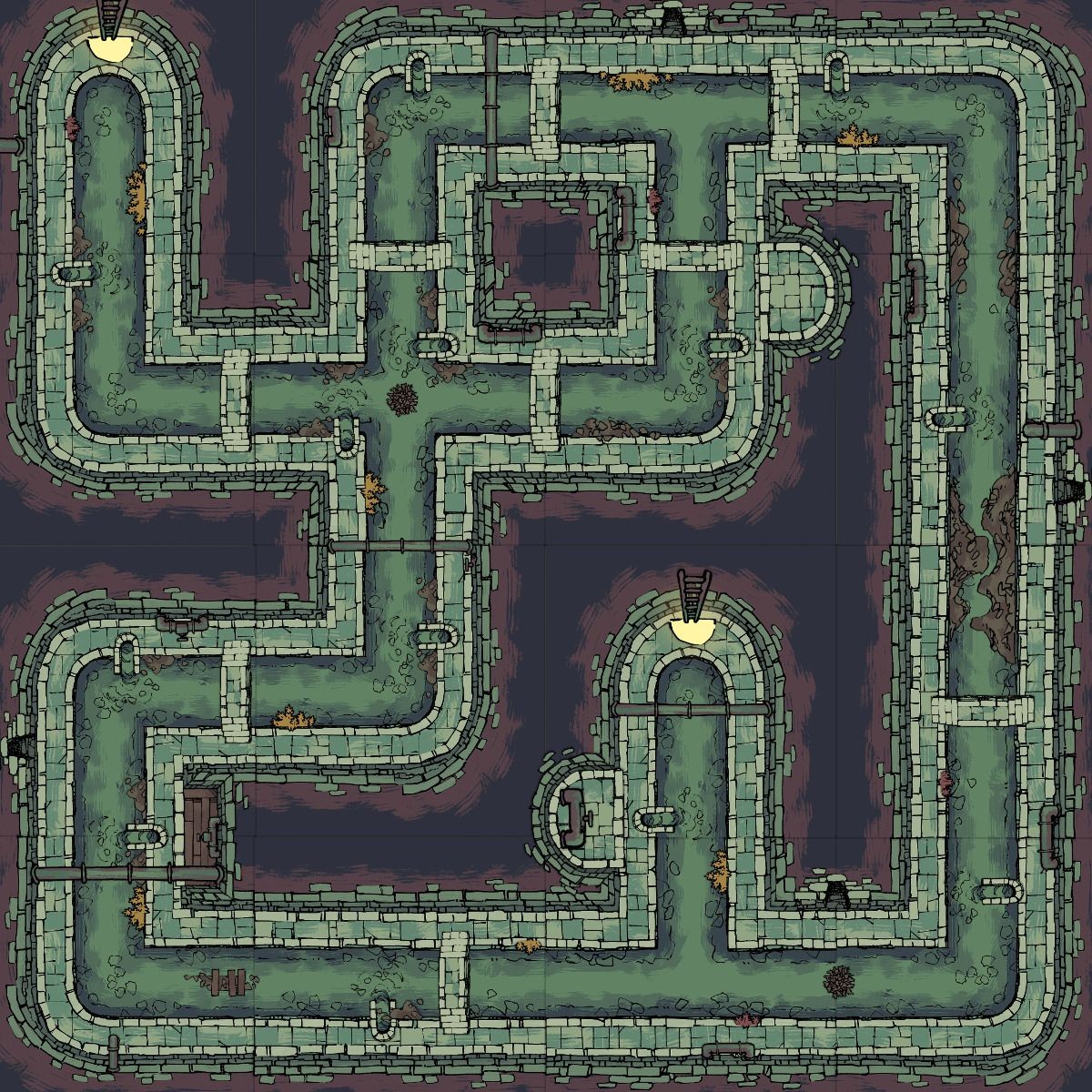 sewer map dnd, carte de JDR fantasy (1200×1200 pixels) — battlemap pour Roll20 et Foundry VTT.