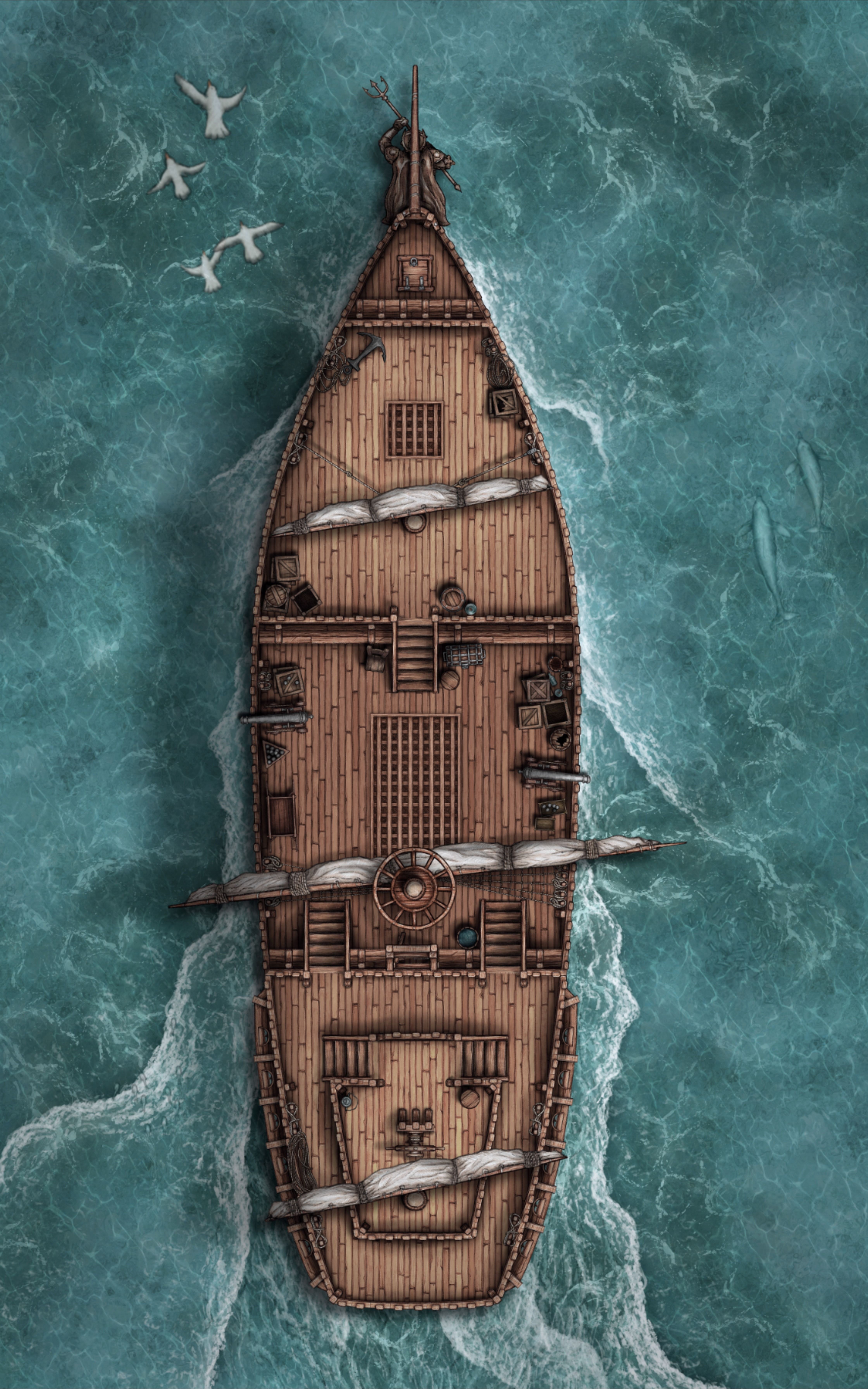ship deck map dnd, carte de JDR fantasy (4480×7168 pixels) — battlemap pour Roll20 et Foundry VTT.