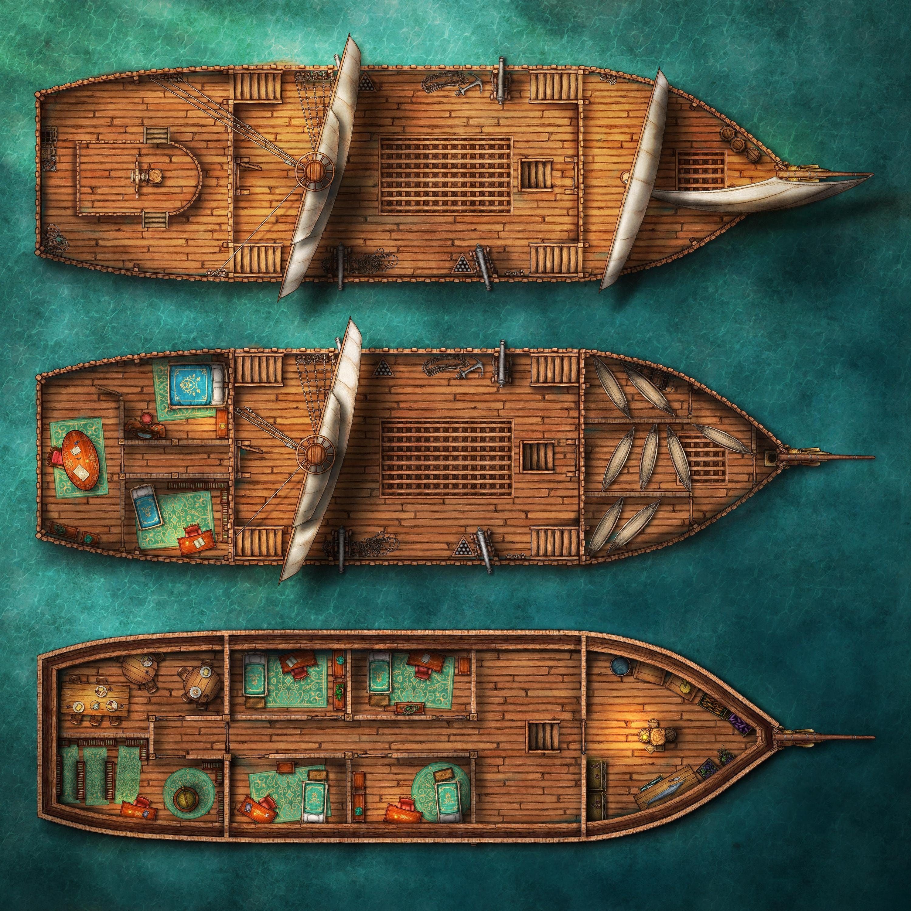 ship deck map dnd, carte de JDR fantasy (3000×3000 pixels) — battlemap pour Roll20 et Foundry VTT.