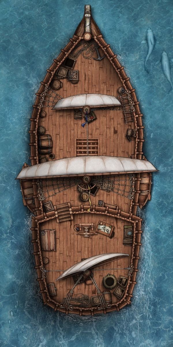 ship deck map dnd, carte de JDR fantasy (600×1200 pixels) — battlemap pour Roll20 et Foundry VTT.