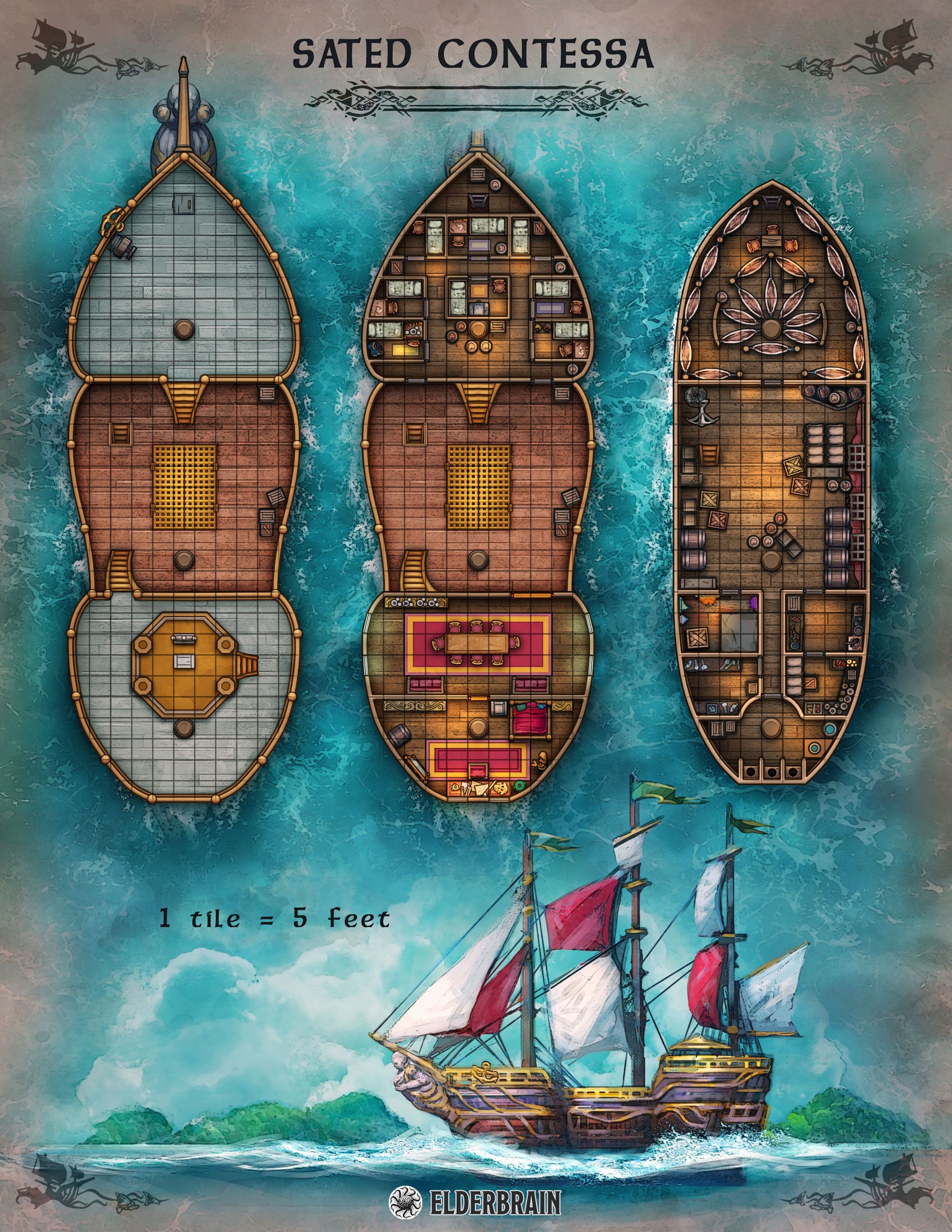 ship deck map dnd, carte de JDR fantasy (2550×3300 pixels) — battlemap pour Roll20 et Foundry VTT.