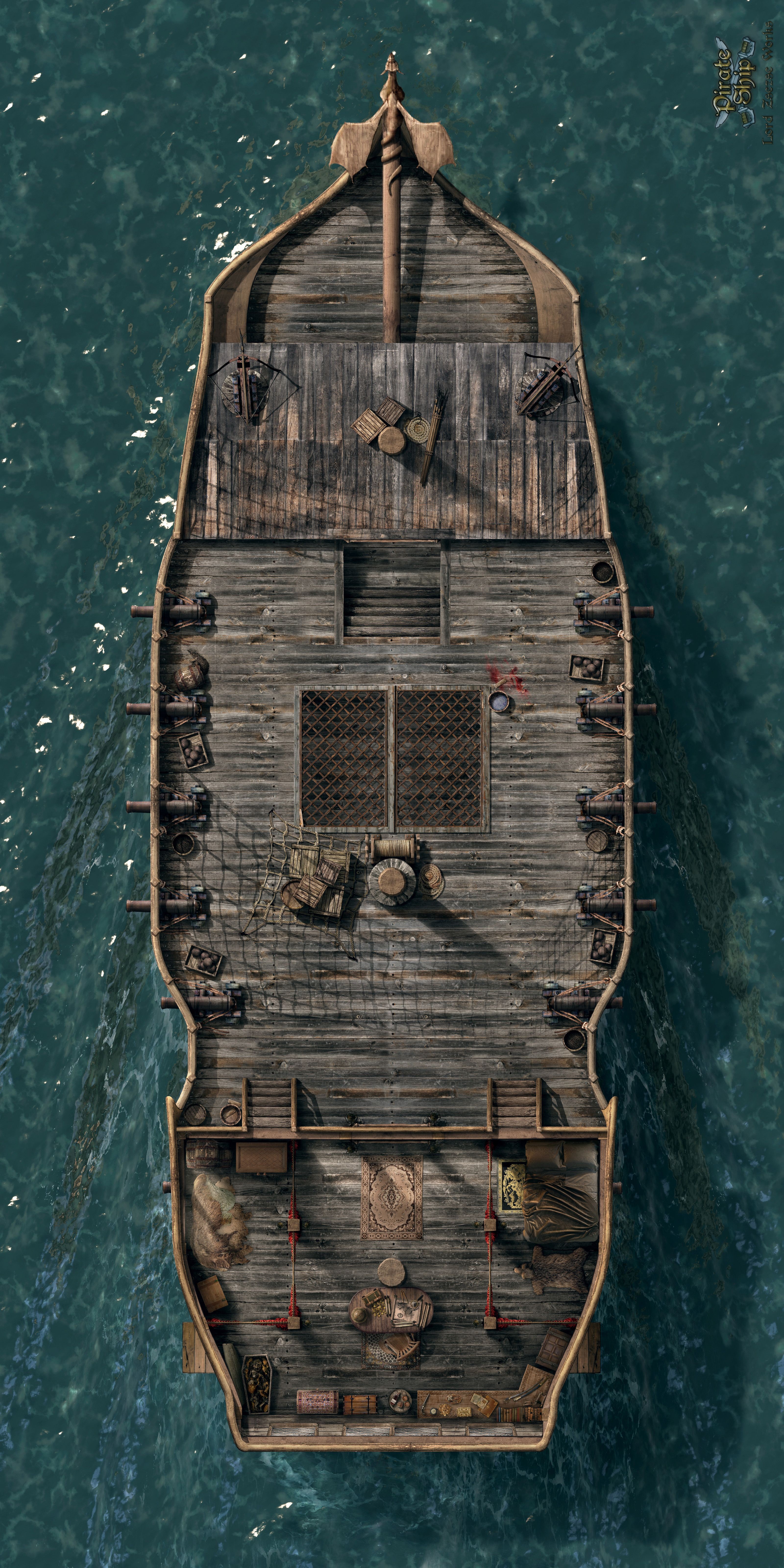 ship deck map dnd, carte de JDR fantasy (3200×6400 pixels) — battlemap pour Roll20 et Foundry VTT.