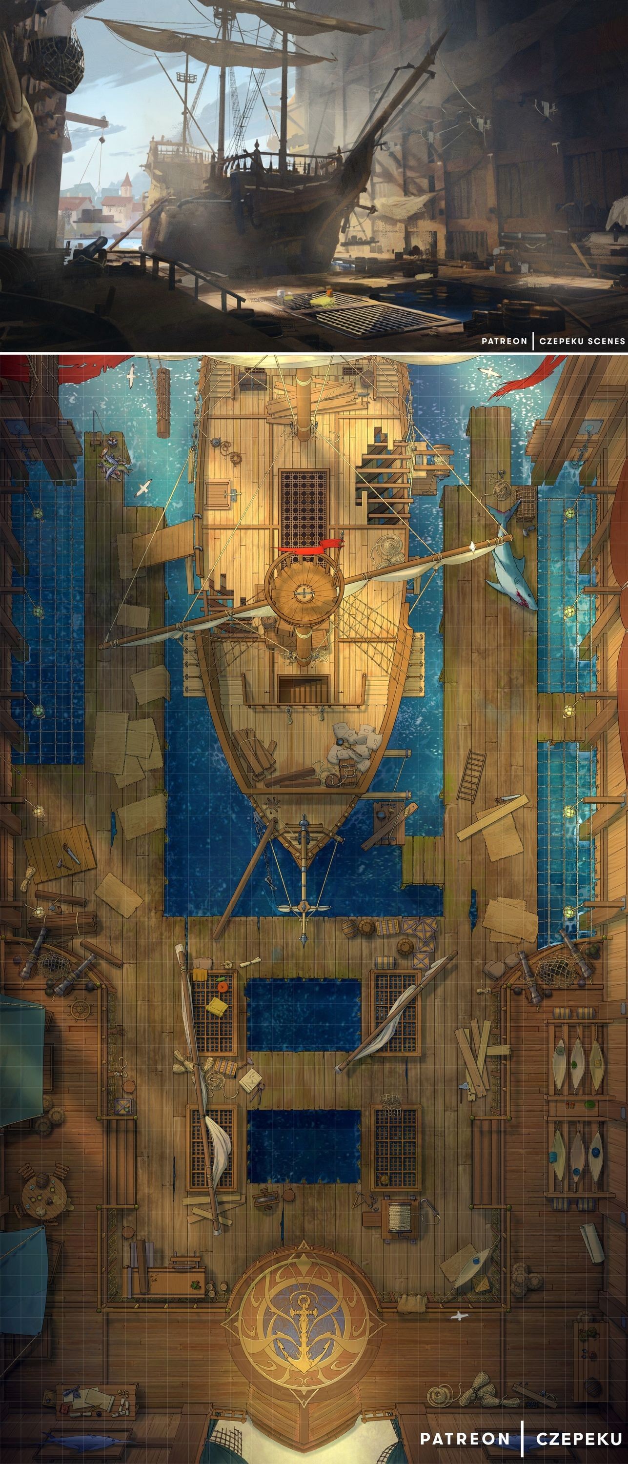 ship deck map dnd, carte de JDR fantasy (1287×3000 pixels) — battlemap pour Roll20 et Foundry VTT.
