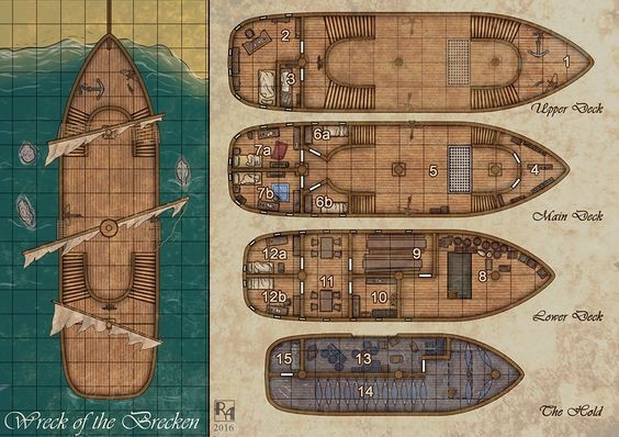 ship deck map dnd, carte de JDR fantasy (564×398 pixels) — battlemap pour Roll20 et Foundry VTT.