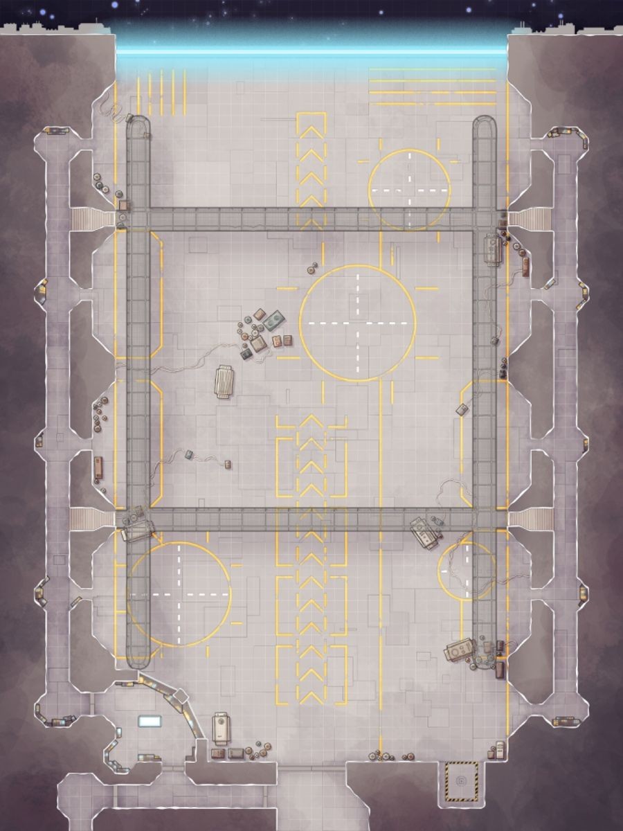 space hangar map, carte de JDR science-fiction (900×1200 pixels) — battlemap pour Roll20 et Foundry VTT.