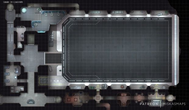 space hangar map, carte de JDR science-fiction (620×361 pixels) — battlemap pour Roll20 et Foundry VTT.