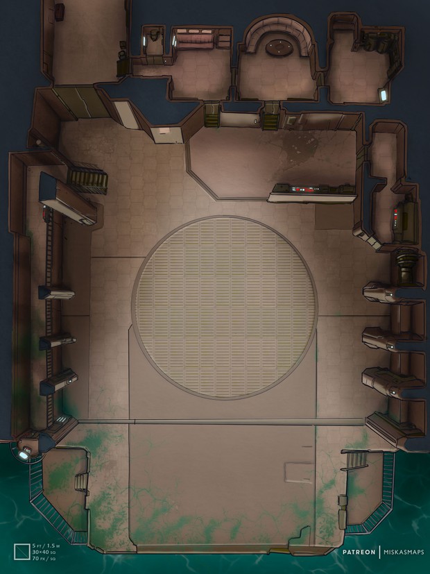space hangar map, carte de JDR science-fiction (620×827 pixels) — battlemap pour Roll20 et Foundry VTT.