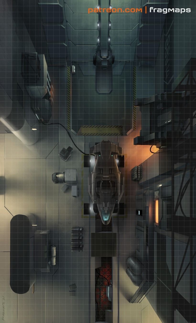space hangar map, carte de JDR science-fiction (820×1346 pixels) — battlemap pour Roll20 et Foundry VTT.
