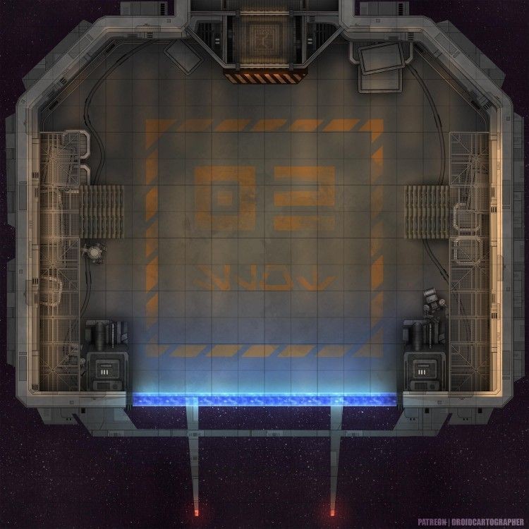 space hangar map, carte de JDR science-fiction (750×750 pixels) — battlemap pour Roll20 et Foundry VTT.
