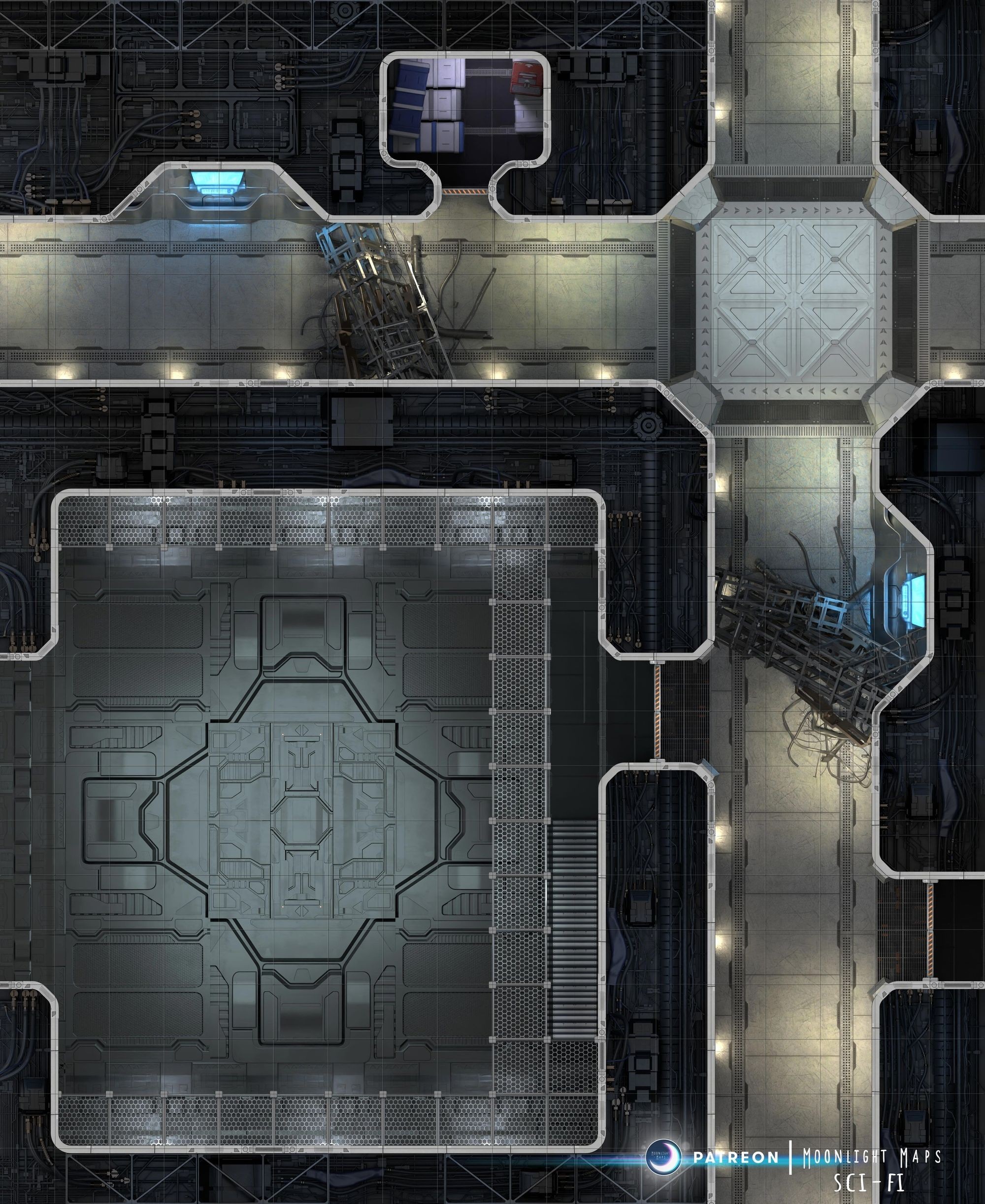 space hangar map, carte de JDR science-fiction (2000×2445 pixels) — battlemap pour Roll20 et Foundry VTT.