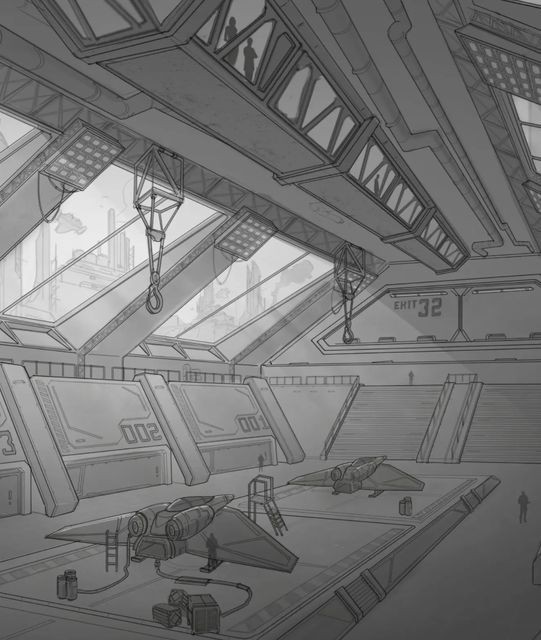 space hangar map, carte de JDR science-fiction (541×640 pixels) — battlemap pour Roll20 et Foundry VTT.