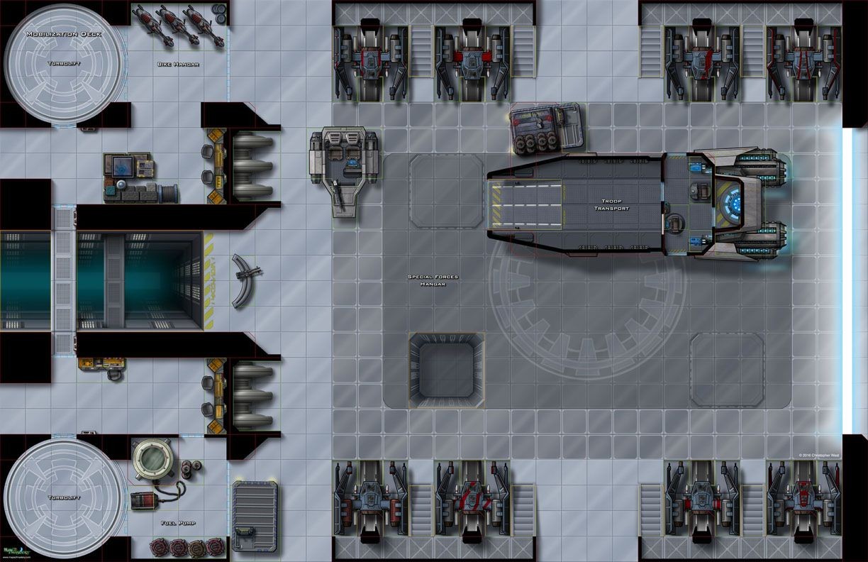 space hangar map, carte de JDR science-fiction (1224×792 pixels) — battlemap pour Roll20 et Foundry VTT.