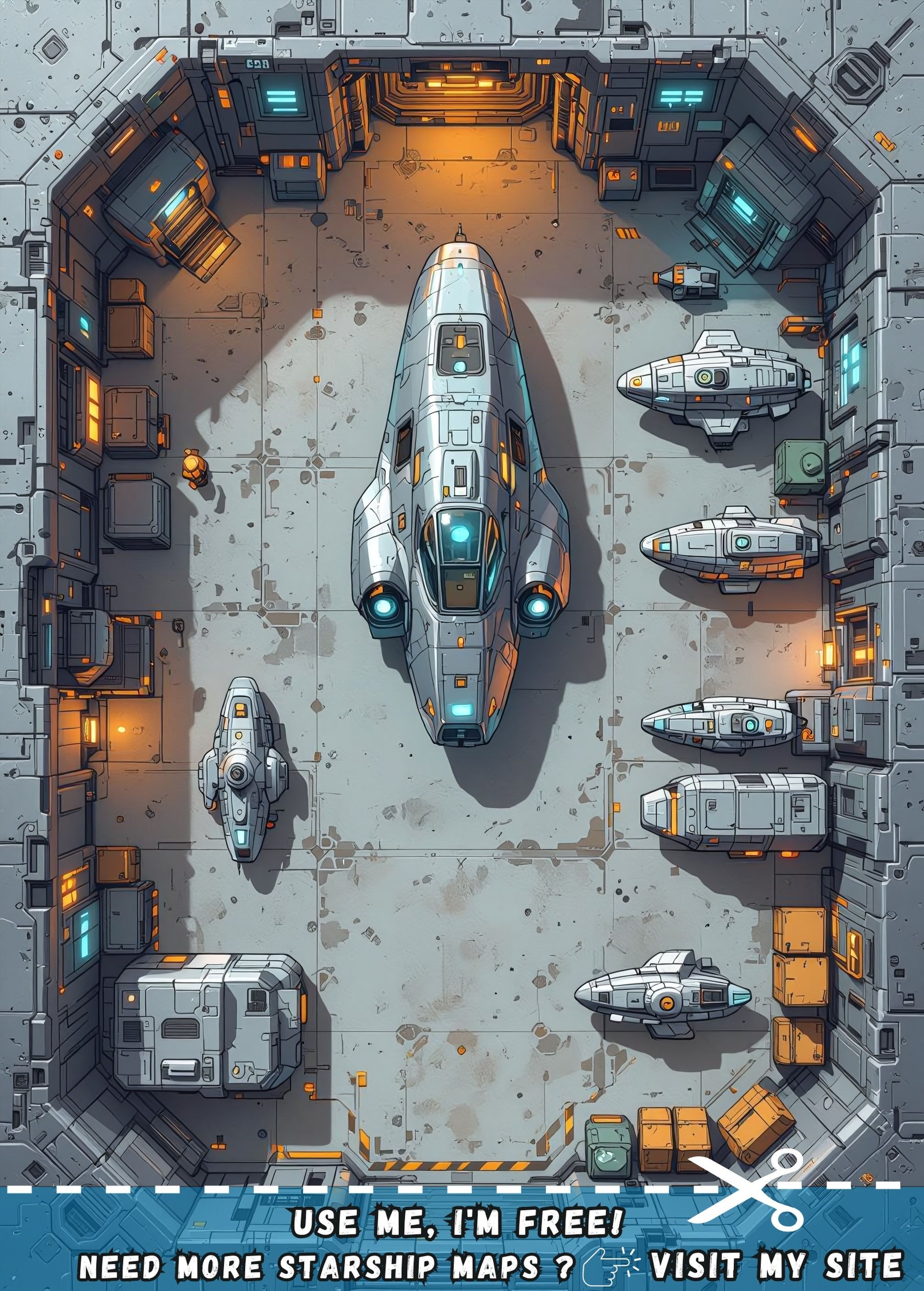 space hangar map, carte de JDR science-fiction (2016×2816 pixels) — battlemap pour Roll20 et Foundry VTT.